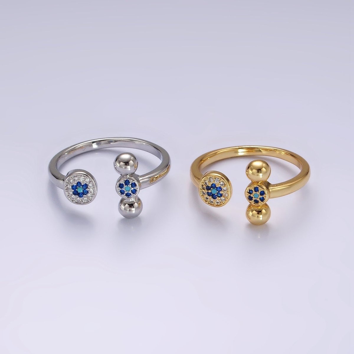 14K Gold Filled Blue CZ Evil Eye Round Triple Bubble Open Claw Ring in Gold & Silver | O1057 O1061