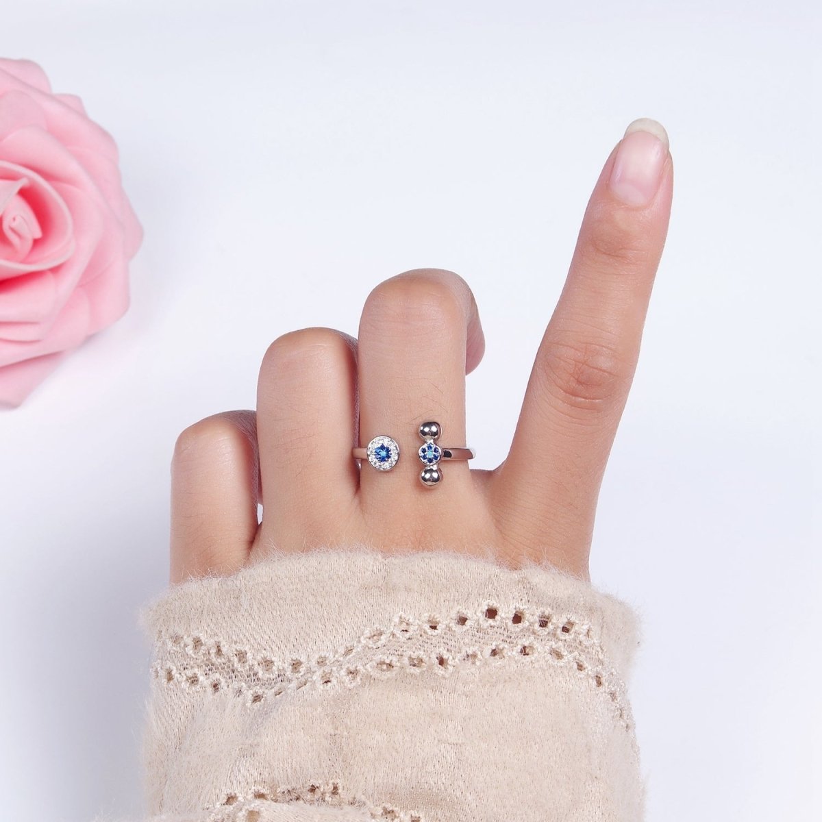 14K Gold Filled Blue CZ Evil Eye Round Triple Bubble Open Claw Ring in Gold & Silver | O1057 O1061