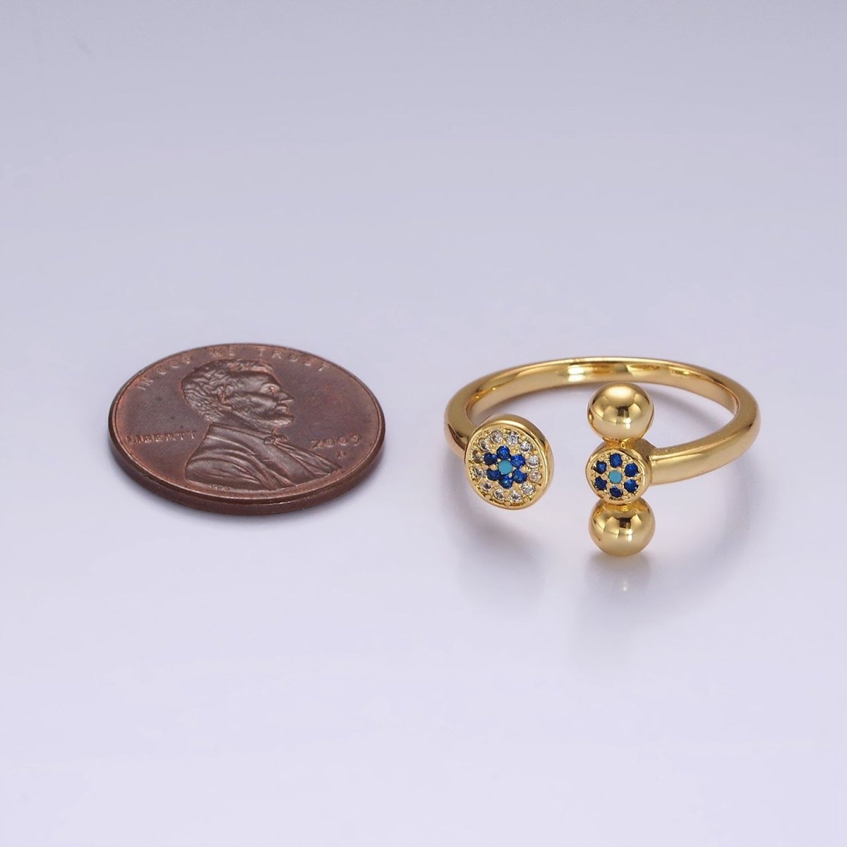 14K Gold Filled Blue CZ Evil Eye Round Triple Bubble Open Claw Ring in Gold & Silver | O1057 O1061