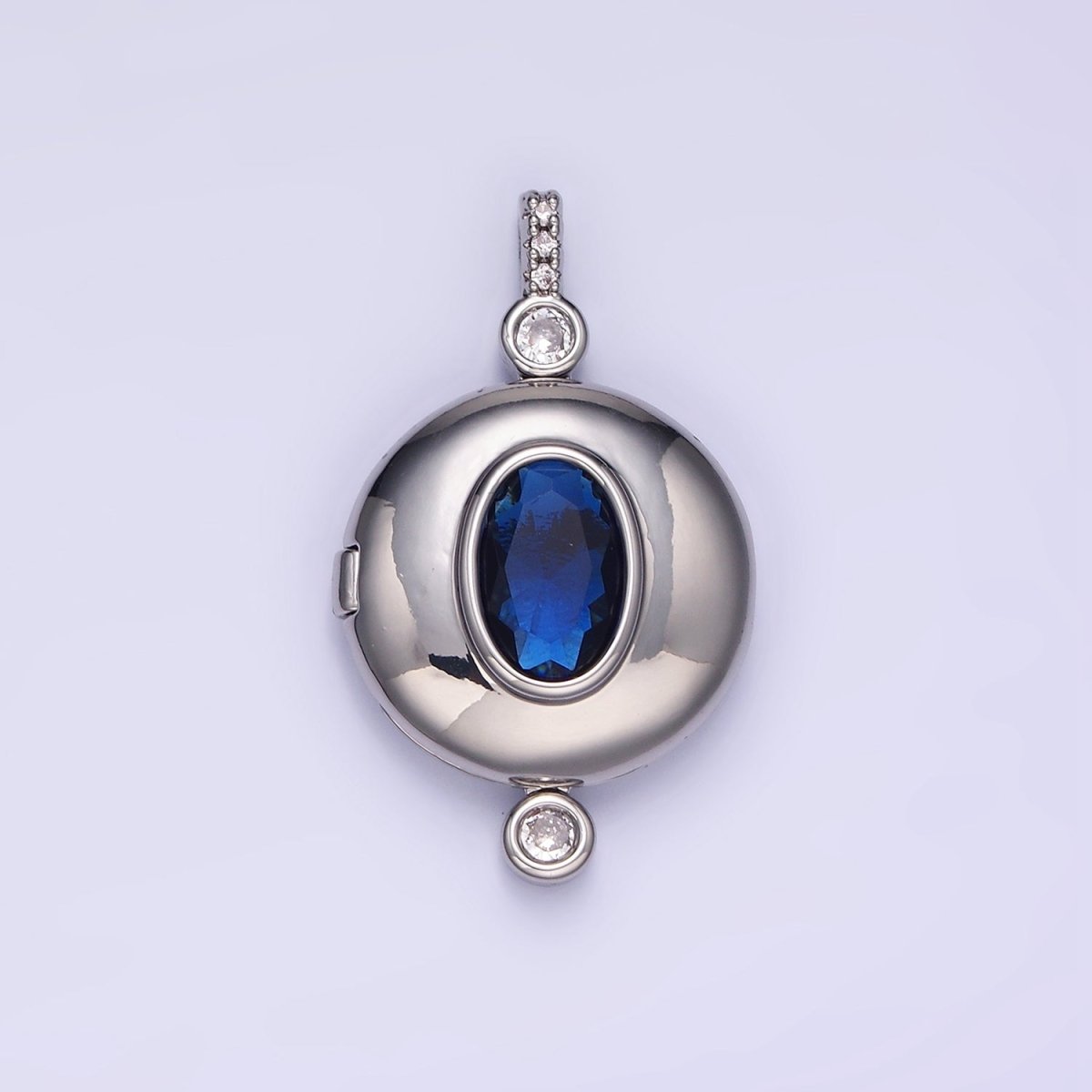 14K Gold Filled Blue CZ Oval Round Locket Micro Paved Bail Pendant in Gold & Silver | AH141