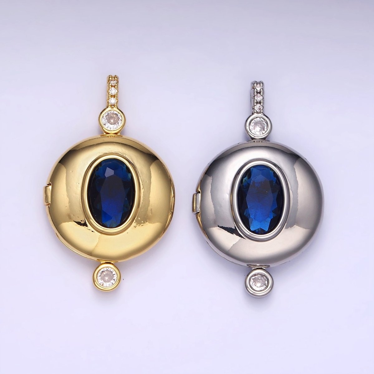 14K Gold Filled Blue CZ Oval Round Locket Micro Paved Bail Pendant in Gold & Silver | AH141