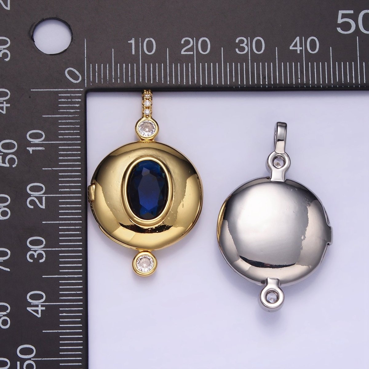 14K Gold Filled Blue CZ Oval Round Locket Micro Paved Bail Pendant in Gold & Silver | AH141