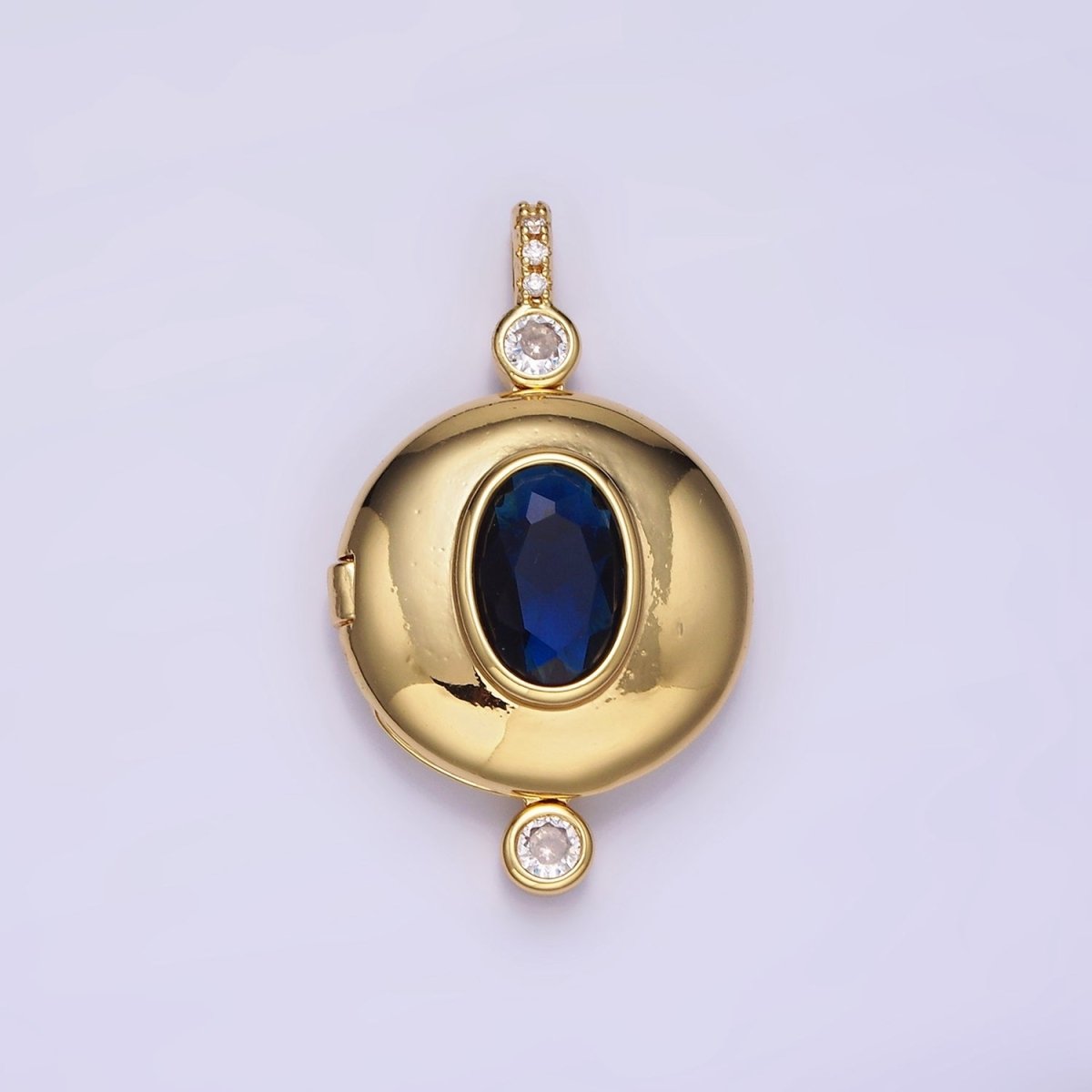 14K Gold Filled Blue CZ Oval Round Locket Micro Paved Bail Pendant in Gold & Silver | AH141