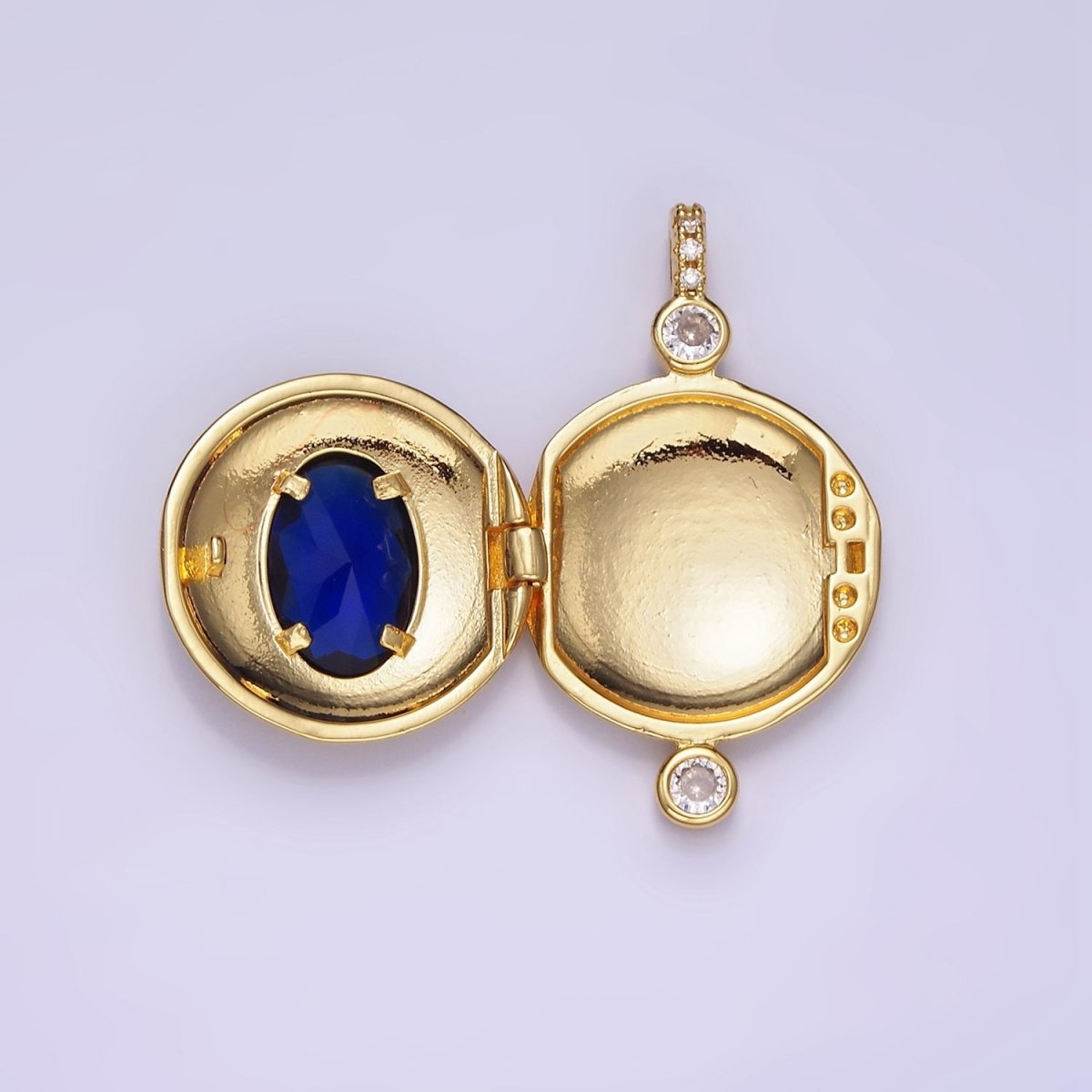 14K Gold Filled Blue CZ Oval Round Locket Micro Paved Bail Pendant in Gold & Silver | AH141