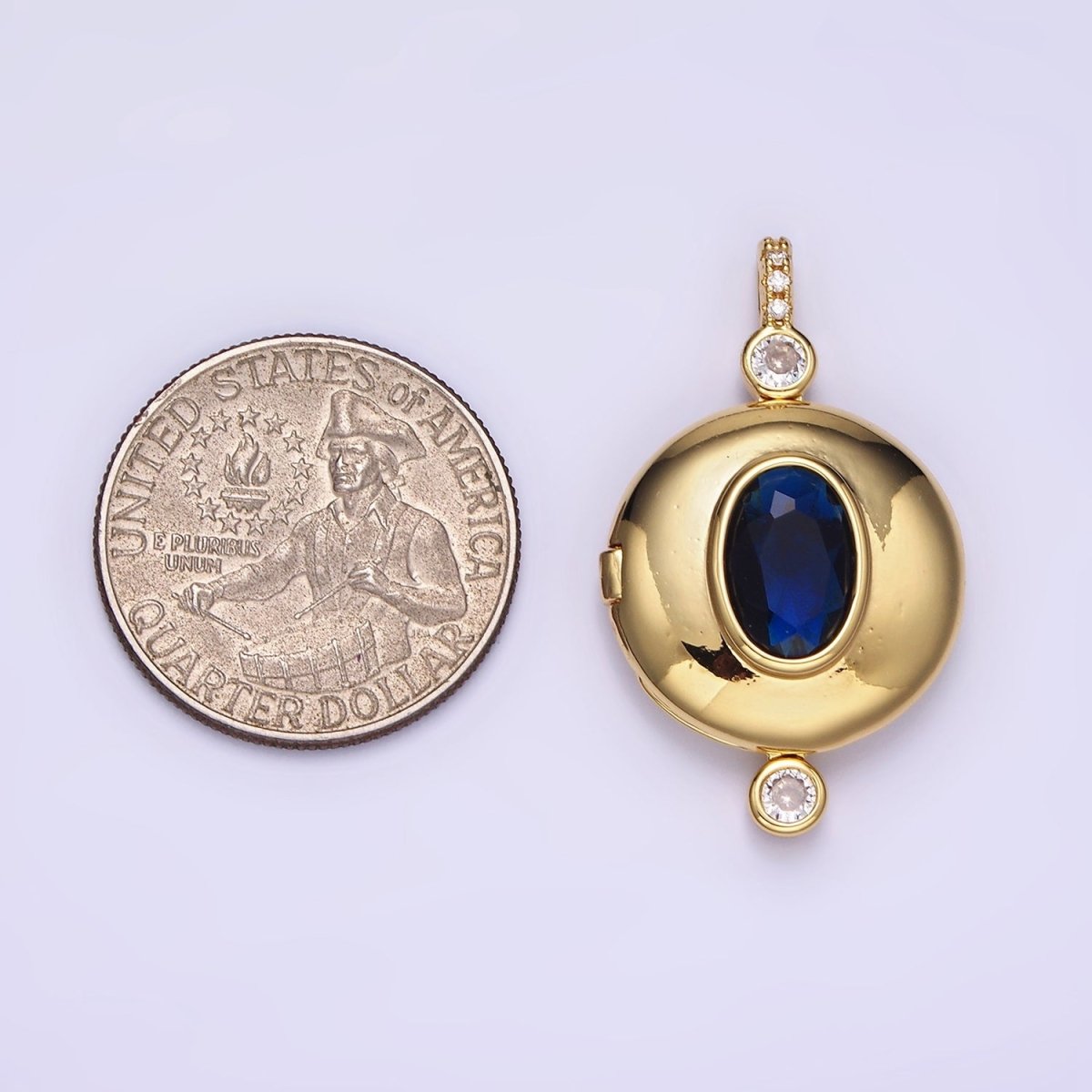 14K Gold Filled Blue CZ Oval Round Locket Micro Paved Bail Pendant in Gold & Silver | AH141