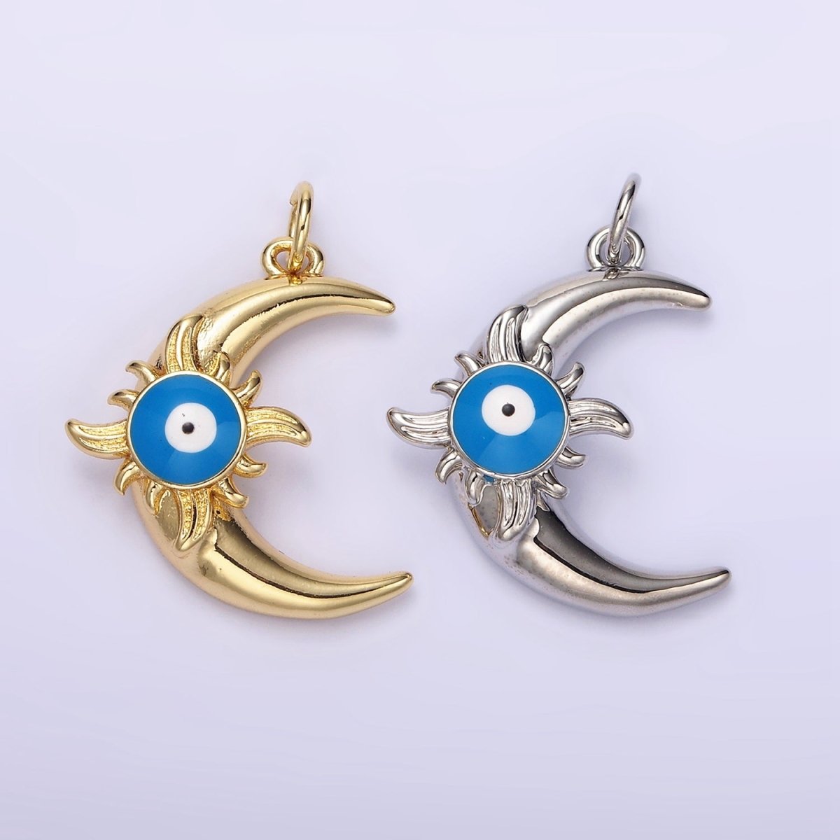 14K Gold Filled Blue Evil Eye Enamel Celestial Sun Crescent Moon Charm in Gold & Silver | N1169 N1170