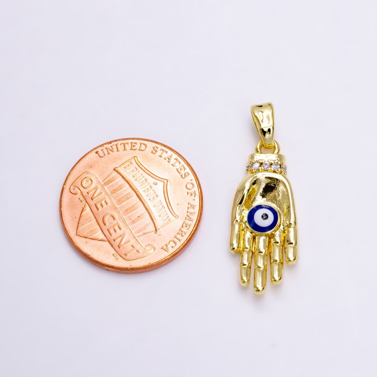 14K Gold Filled Blue Evil Eye Enamel Micro Paved CZ Hand Human Autonomy Pendant | N1461