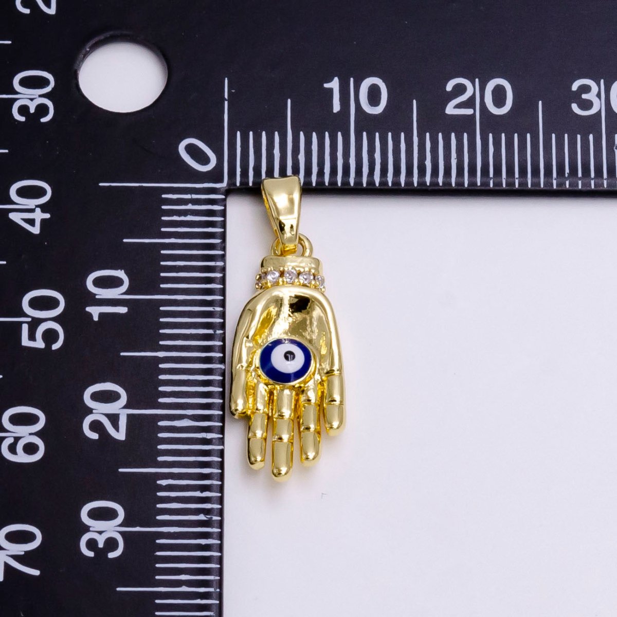 14K Gold Filled Blue Evil Eye Enamel Micro Paved CZ Hand Human Autonomy Pendant | N1461