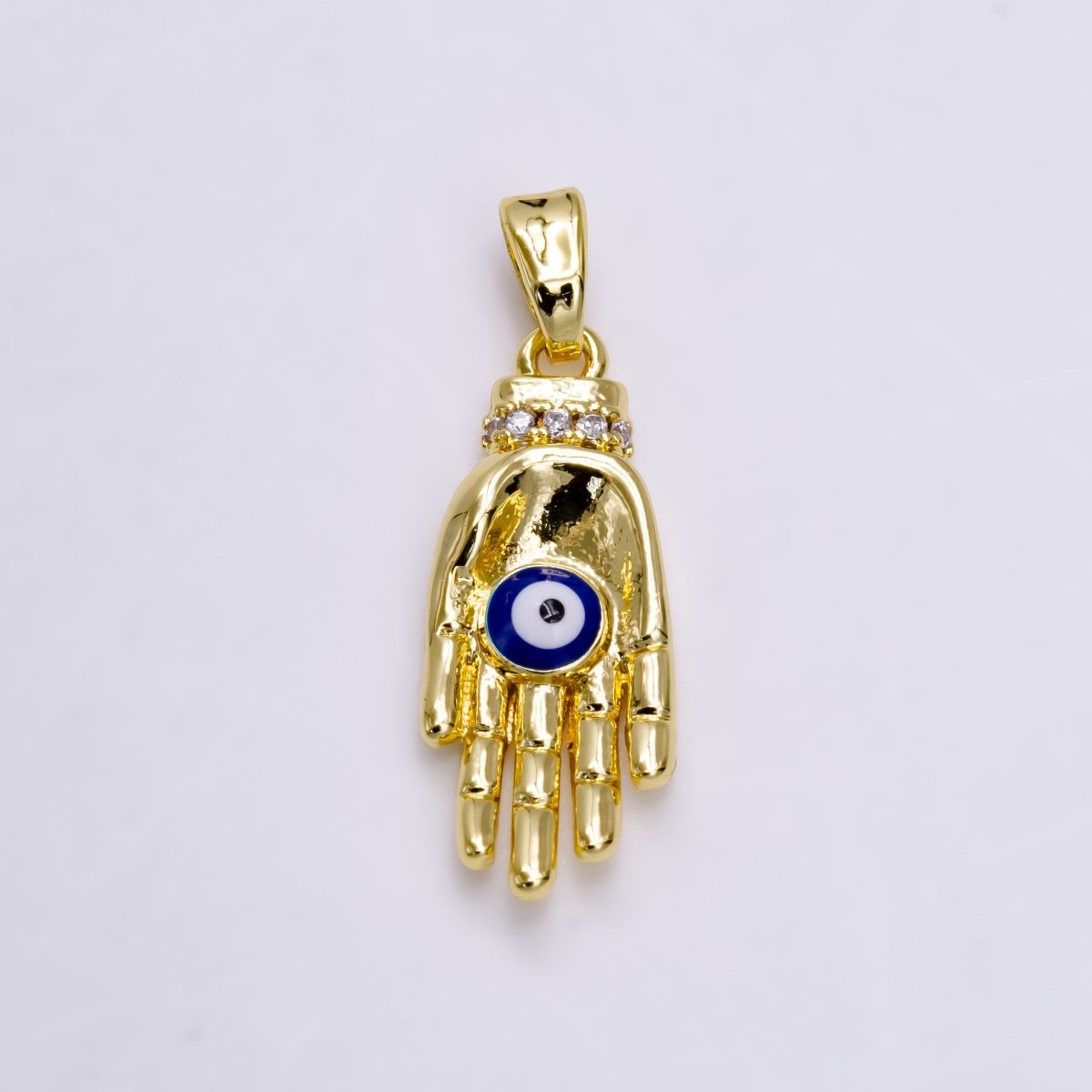 14K Gold Filled Blue Evil Eye Enamel Micro Paved CZ Hand Human Autonomy Pendant | N1461