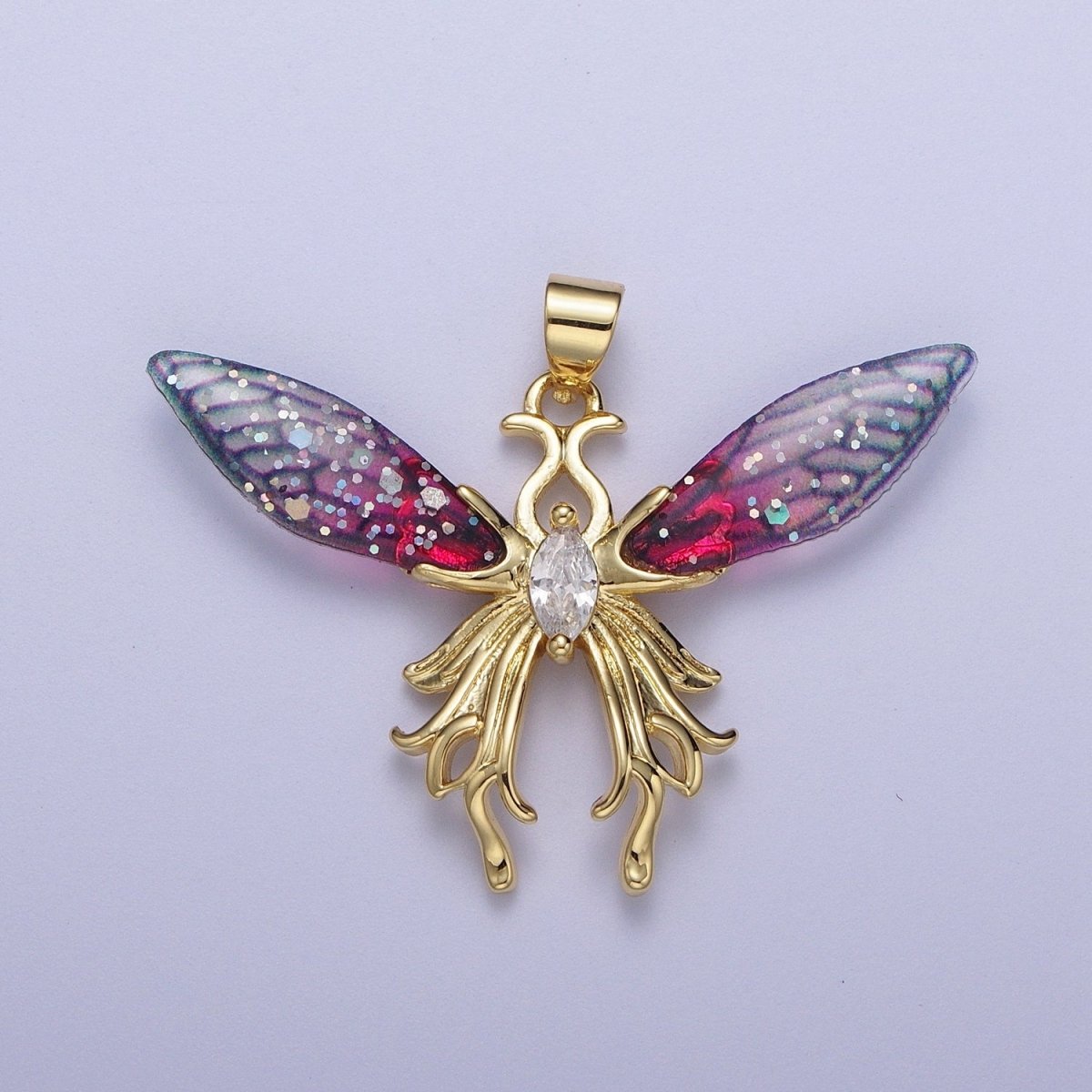 14K Gold Filled Blue / Fuchsia Fairy Butterfly Swallowtail Wings Marquise Cubic Zirconia Pendant H-529 H-541