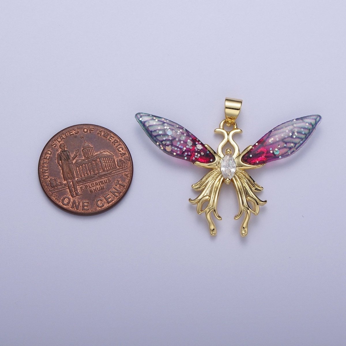 14K Gold Filled Blue / Fuchsia Fairy Butterfly Swallowtail Wings Marquise Cubic Zirconia Pendant H-529 H-541