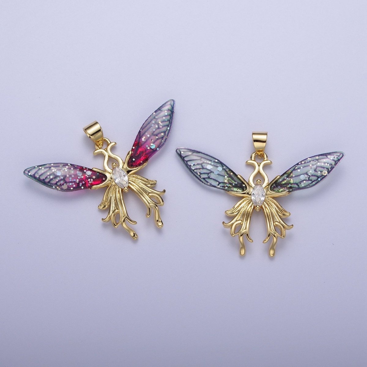 14K Gold Filled Blue / Fuchsia Fairy Butterfly Swallowtail Wings Marquise Cubic Zirconia Pendant H-529 H-541