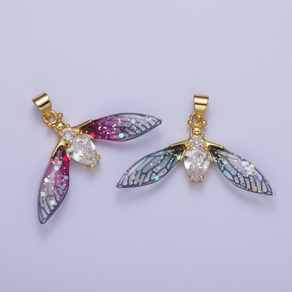 14K Gold Filled Blue / Fuchsia Fairy Wasps Cubic Zirconia Insect Pendant For Jewelry Making  H-512 H-520