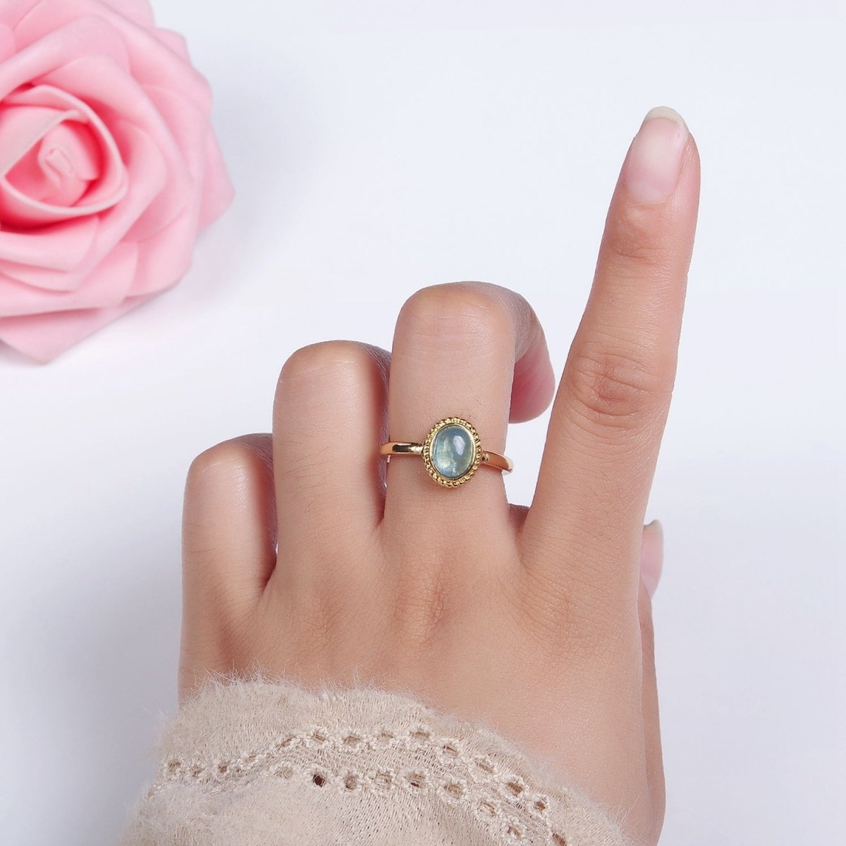 14K Gold Filled Blue Kyanite Natural Gemstone Oval Braided Ring | O1081
