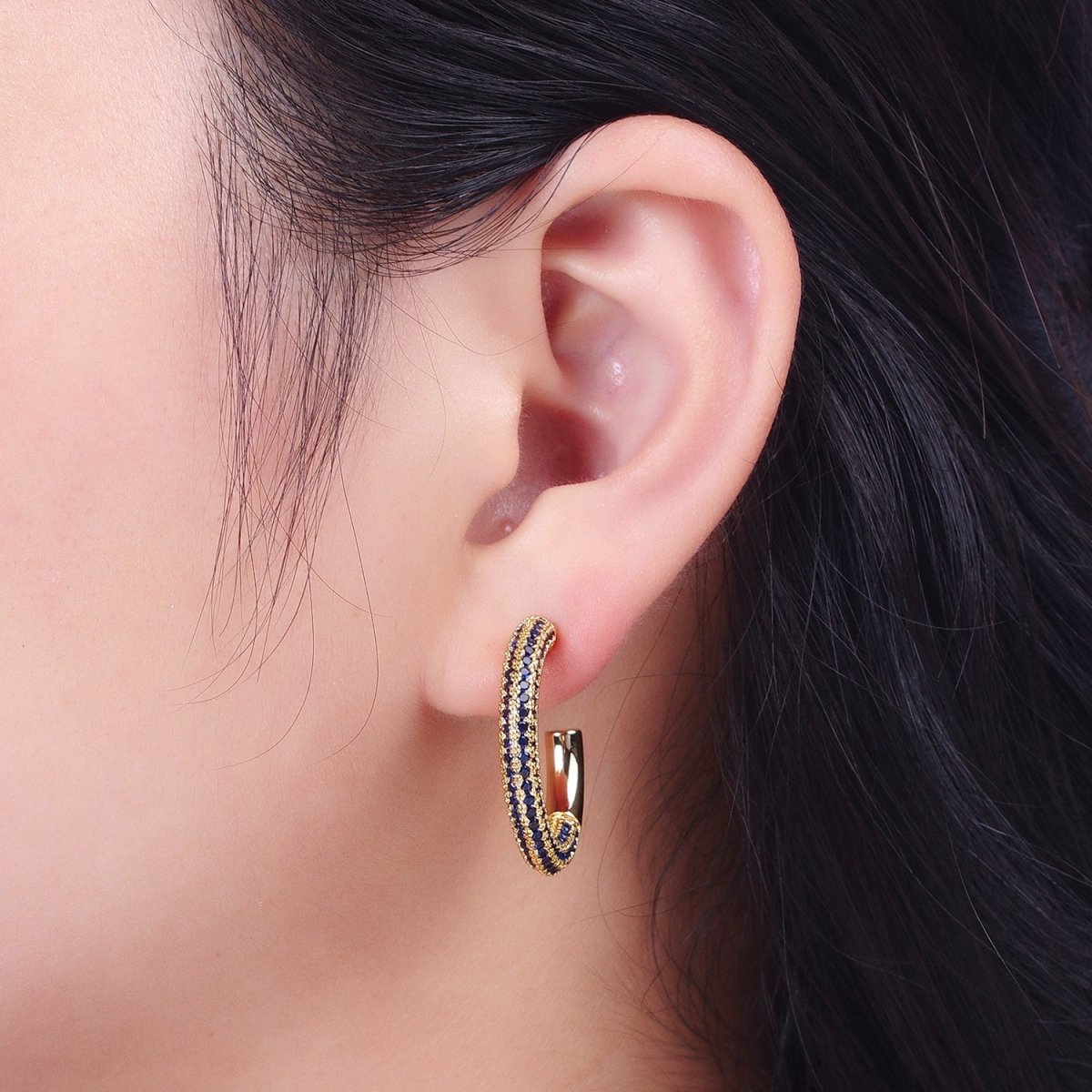14K Gold Filled Blue Micro Paved CZ C Shaped Hoop Studs | Y-106 - DLUXCA