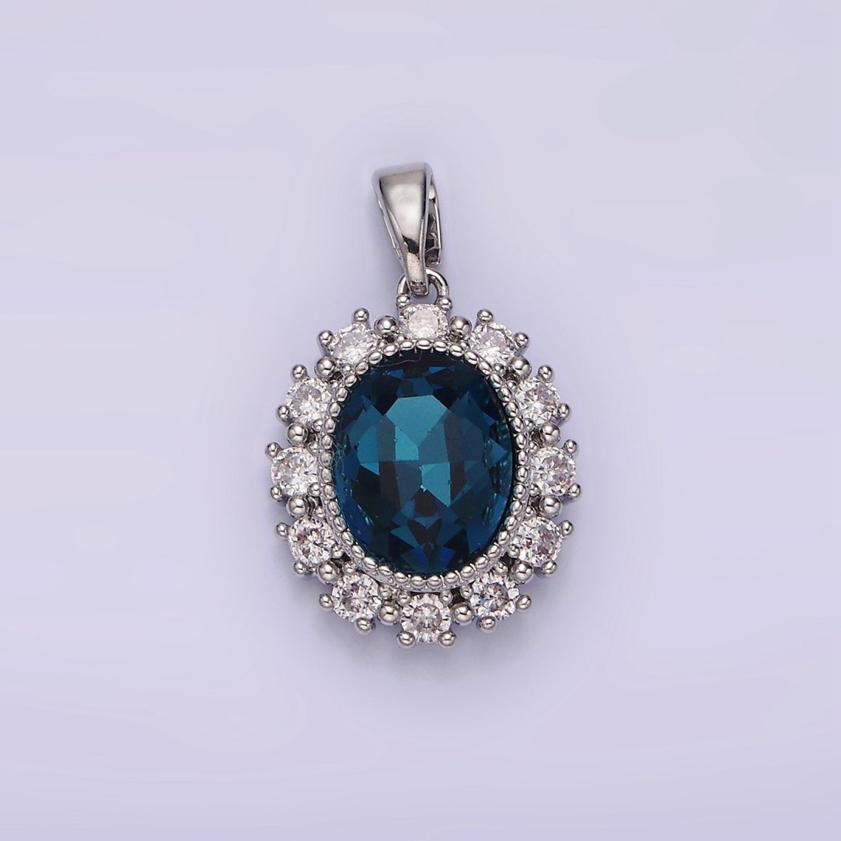 14K Gold Filled Blue Multifaceted CZ Dotted Outlined Oval Pendant in Gold & Silver | N1800 N1801