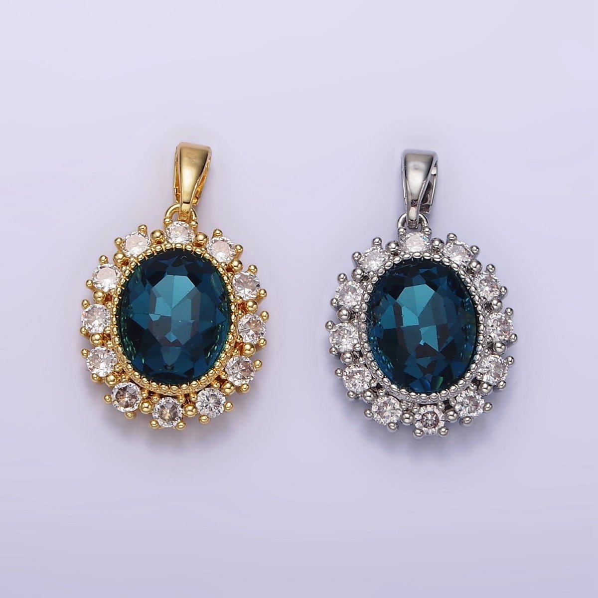 14K Gold Filled Blue Multifaceted CZ Dotted Outlined Oval Pendant in Gold & Silver | N1800 N1801