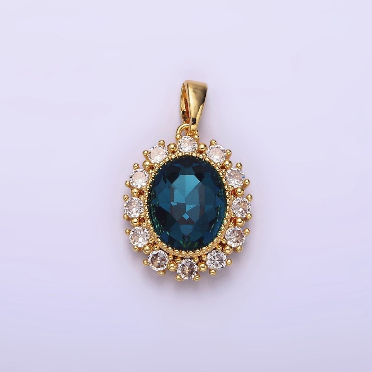 14K Gold Filled Blue Multifaceted CZ Dotted Outlined Oval Pendant in Gold & Silver | N1800 N1801