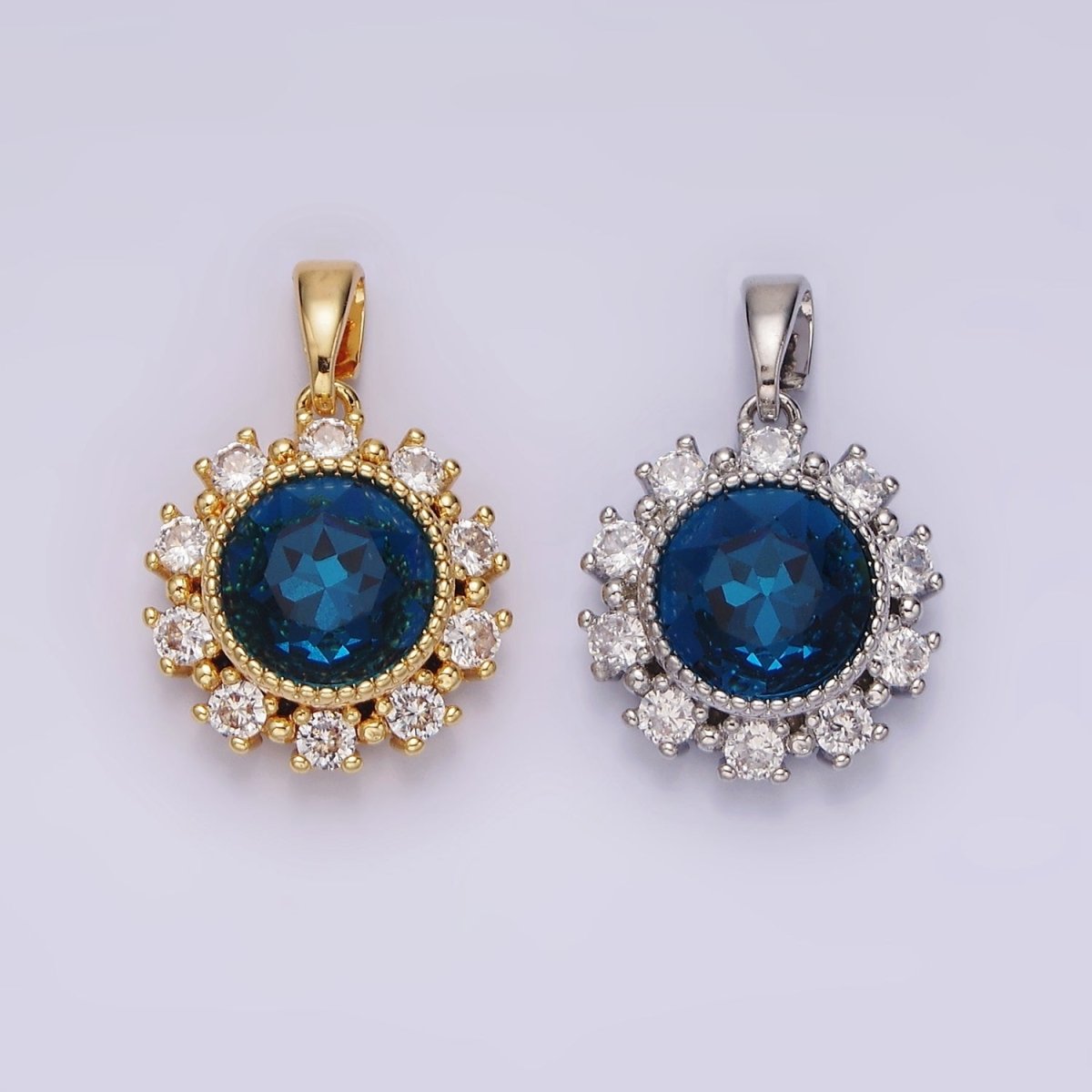 14K Gold Filled Blue Multifaceted CZ Dotted Outlined Round Pendant in Gold & Silver | N1802 N1803
