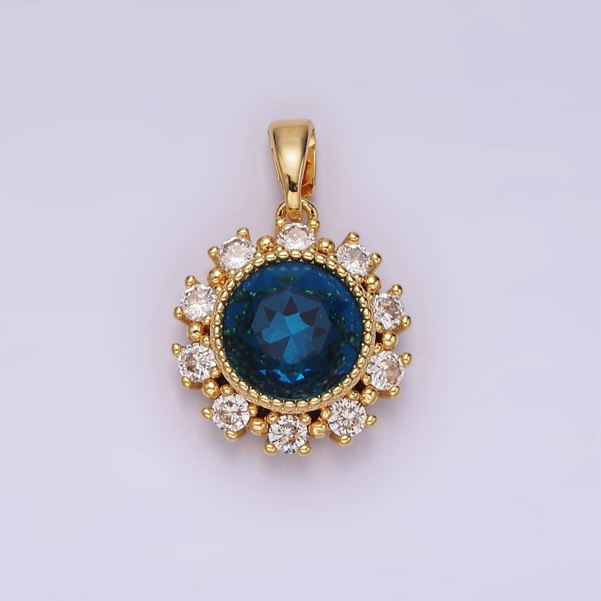 14K Gold Filled Blue Multifaceted CZ Dotted Outlined Round Pendant in Gold & Silver | N1802 N1803