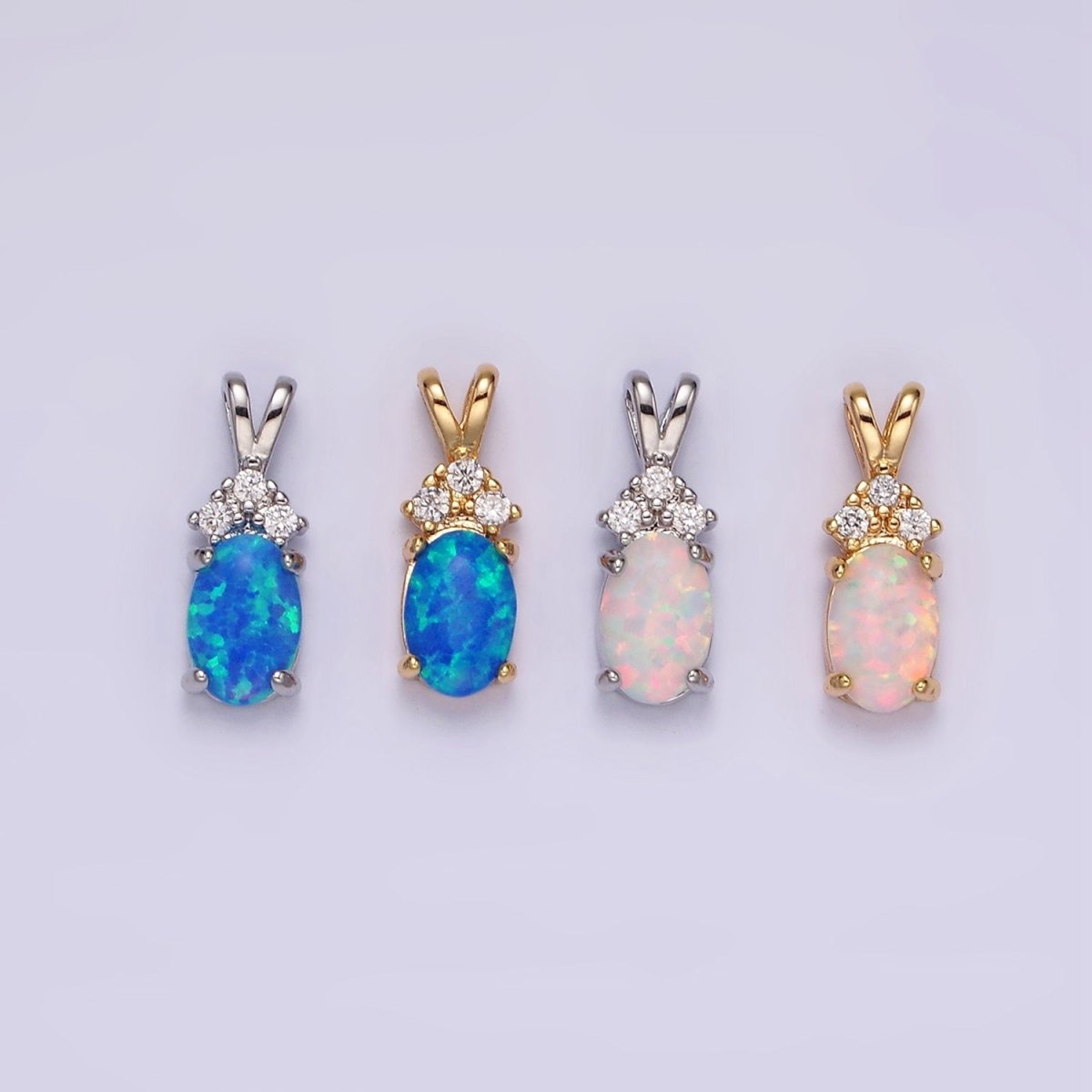 14K Gold Filled Blue Opal, White Opal Oval Triple CZ Double Band Bail Pendant in Silver & Gold | N1903 - N1906