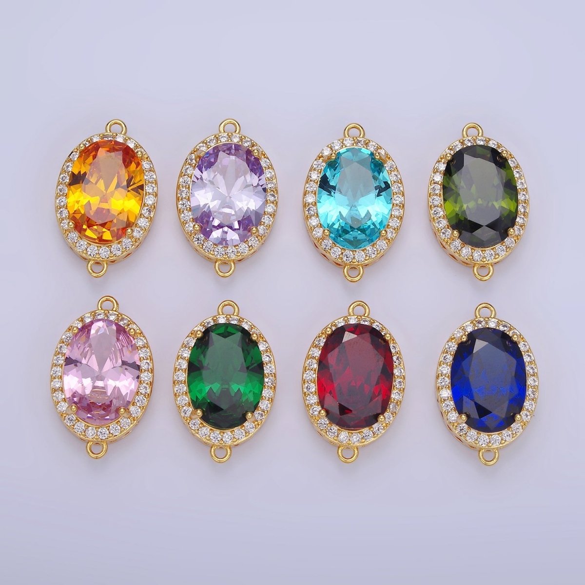14K Gold Filled Blue, Purple, Pink, Red, Green, Orange, Blue, Olive Green CZ Micro Paved Oval Connector | G-379-G-382
