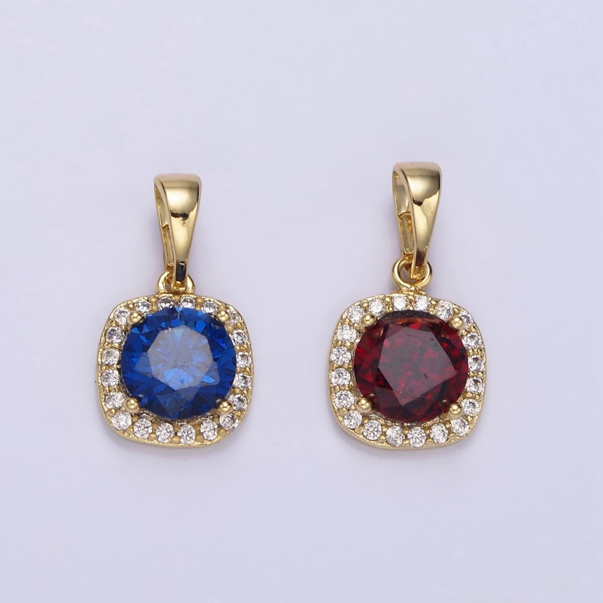 14K Gold Filled Blue, Red CZ Rounded Square Micro Paved Pendant | AA721 AA722
