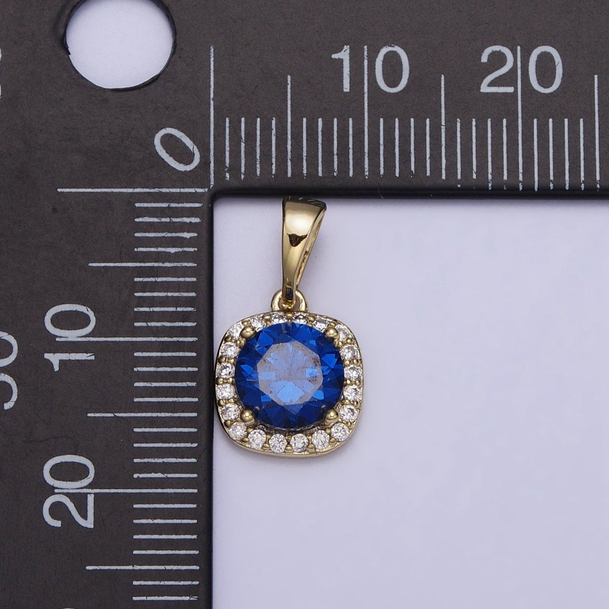 14K Gold Filled Blue Sapphire Round CZ Micro Paved Square Pendant | AA046 - DLUXCA