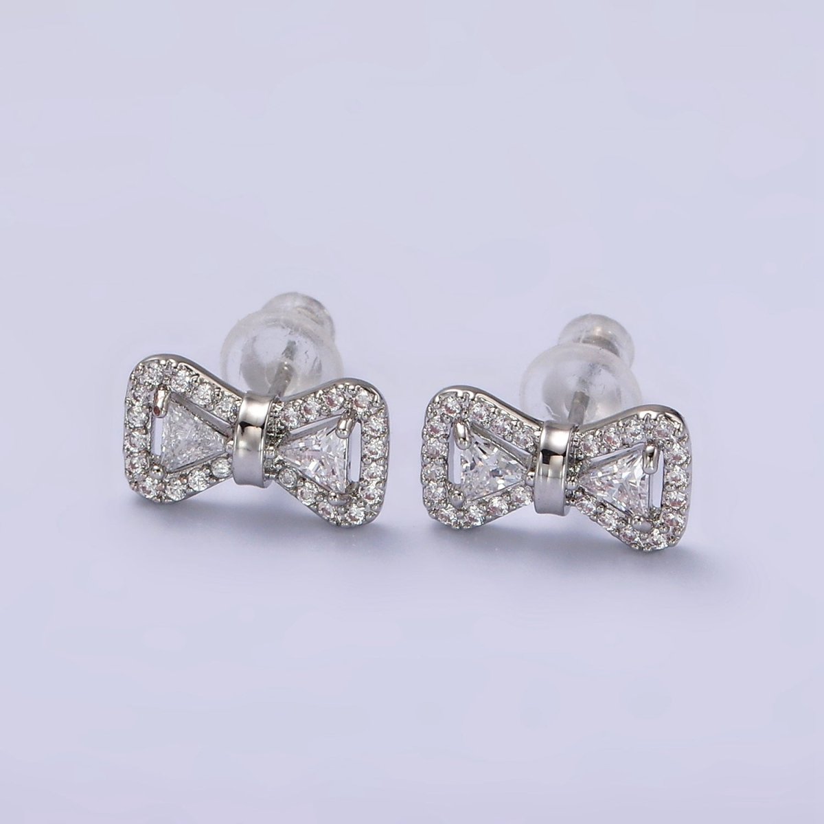 14K Gold Filled Bow Ribbon Micro Paved Stud Earrings in Gold & Silver | V267
