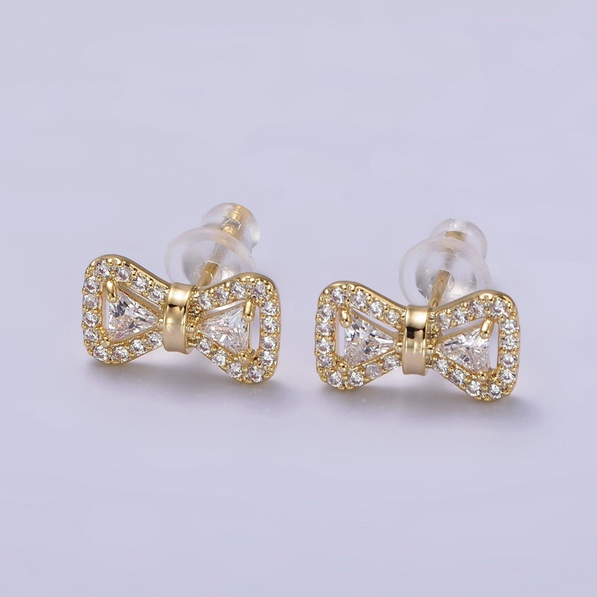 14K Gold Filled Bow Ribbon Micro Paved Stud Earrings in Gold & Silver | V267