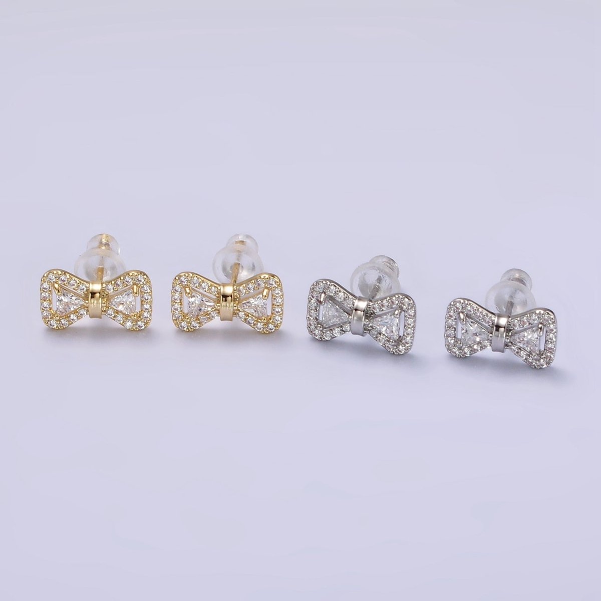 14K Gold Filled Bow Ribbon Micro Paved Stud Earrings in Gold & Silver | V267