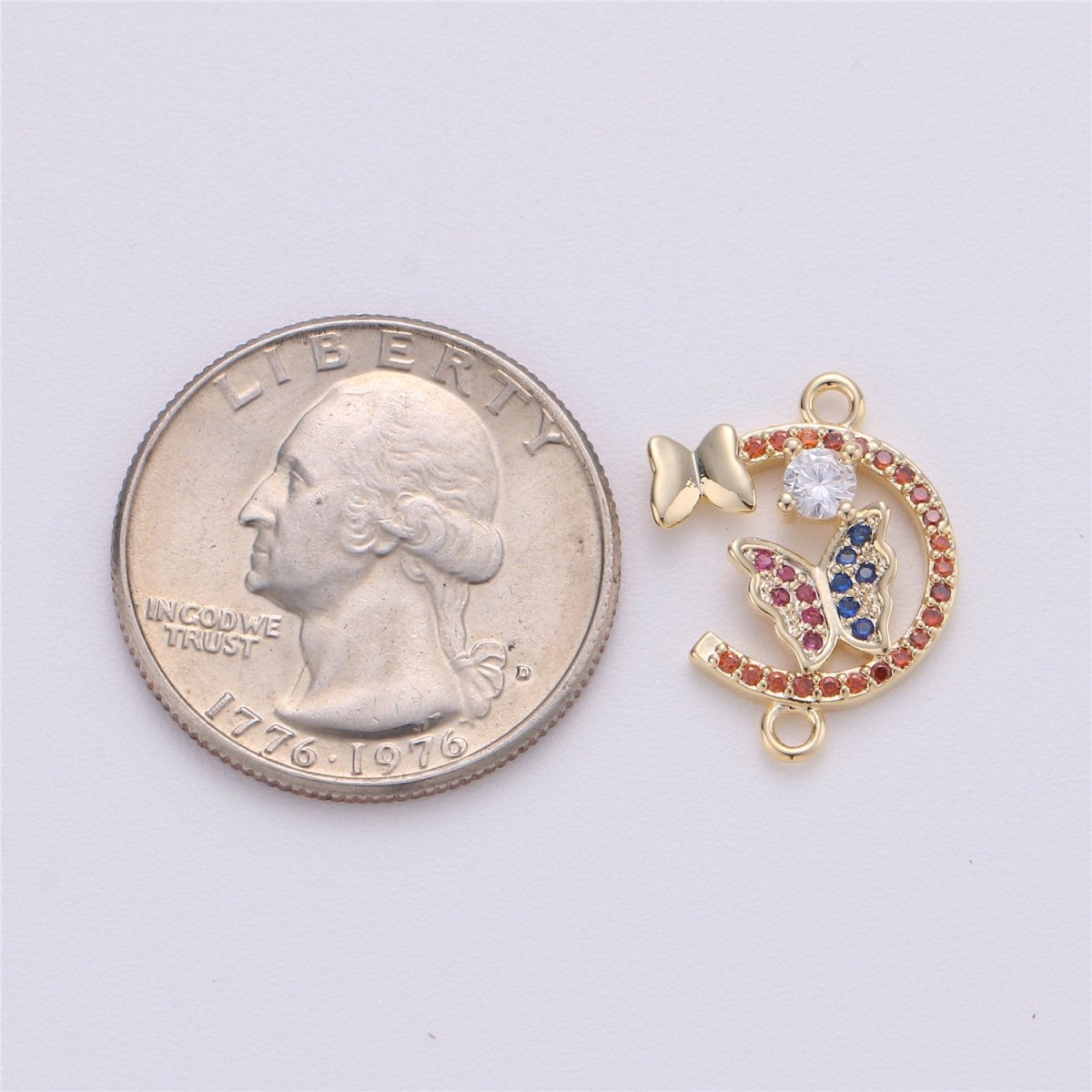 14k Gold Filled Butterfly Connector Micro Pave Butterfly Charm CZ Bracecklace Pendantlet Connector Charm, Ne Double Bail Red Blue F-259