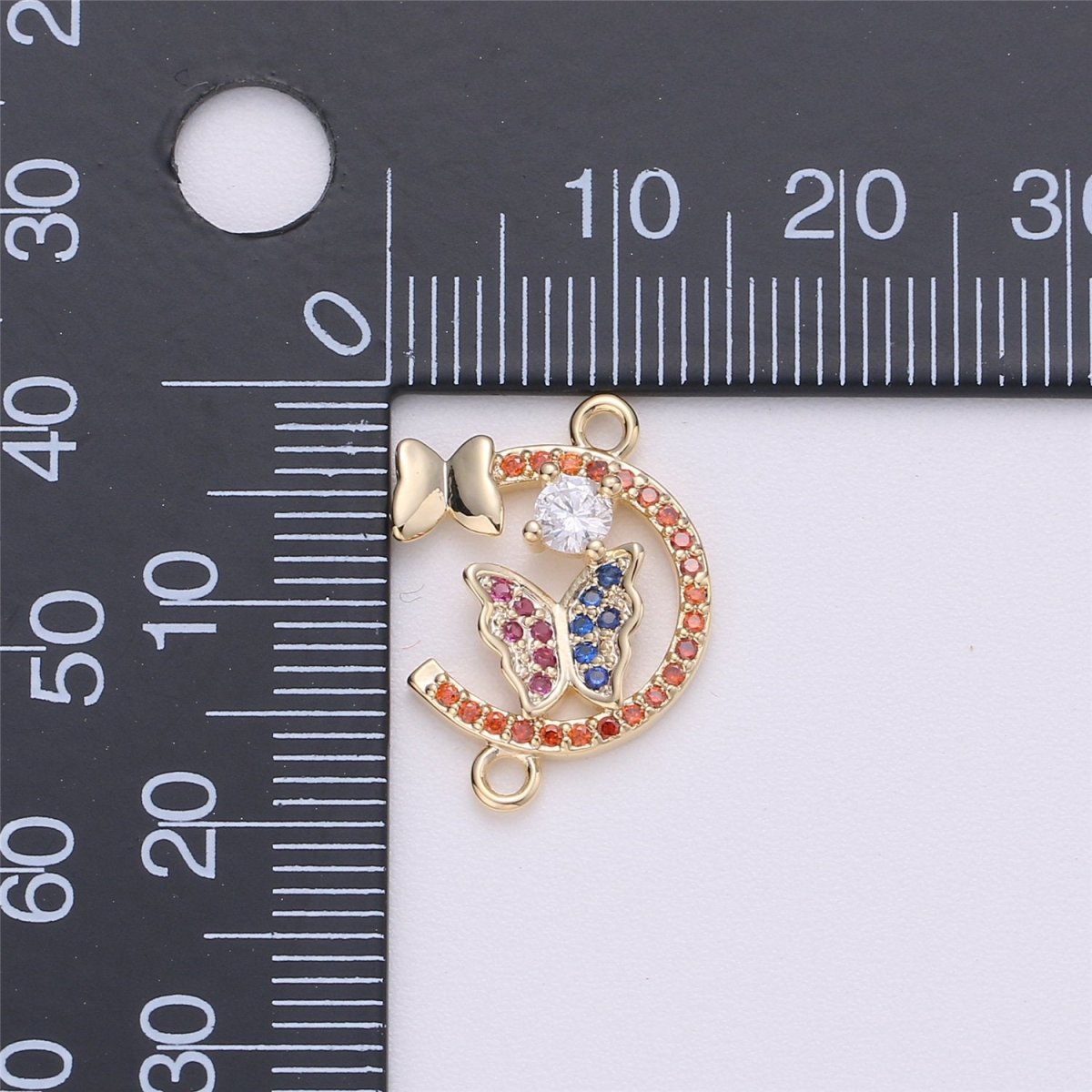 14k Gold Filled Butterfly Connector Micro Pave Butterfly Charm CZ Bracecklace Pendantlet Connector Charm, Ne Double Bail Red Blue F-259