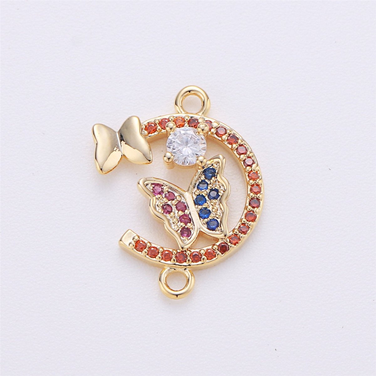 14k Gold Filled Butterfly Connector Micro Pave Butterfly Charm CZ Bracecklace Pendantlet Connector Charm, Ne Double Bail Red Blue F-259