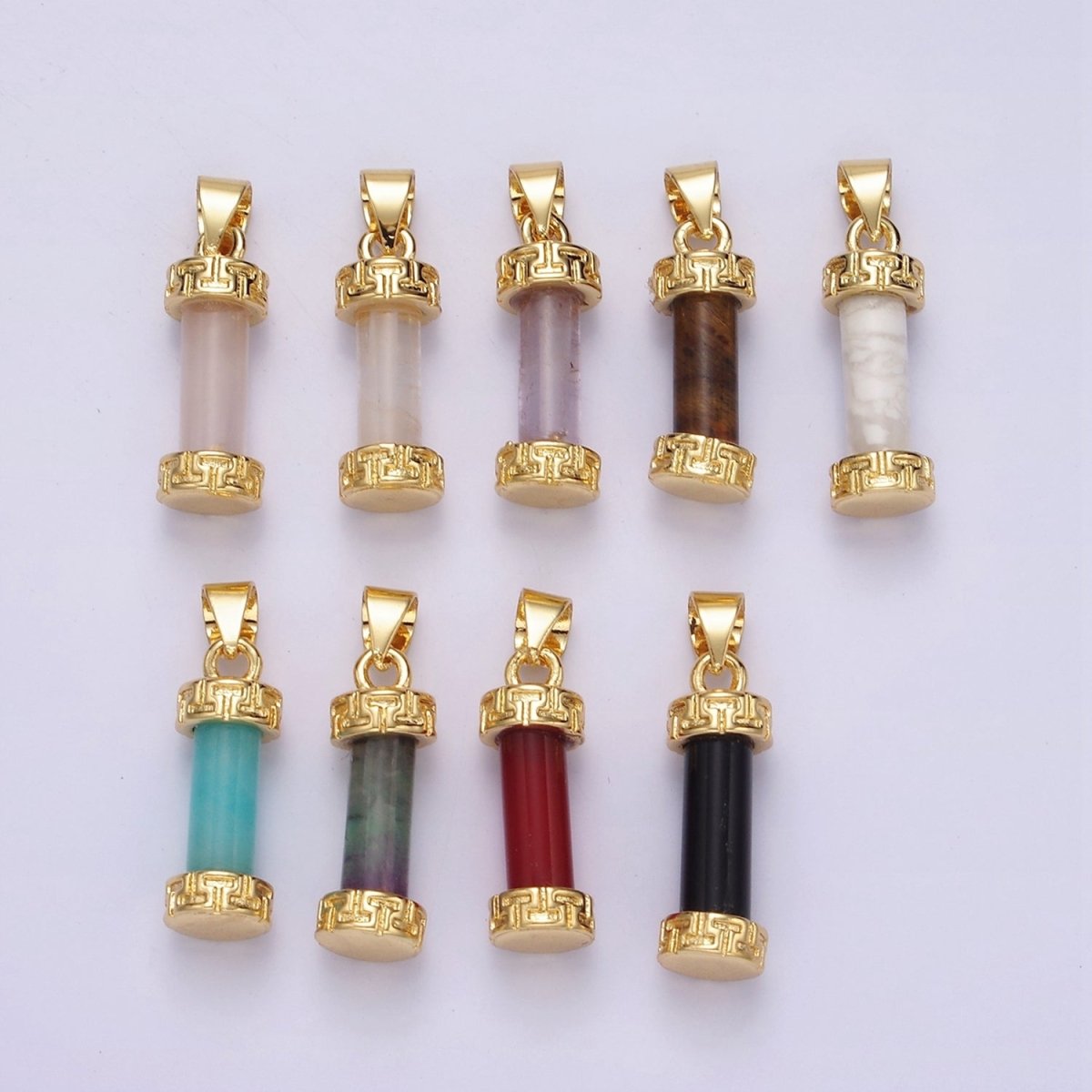 14K Gold Filled Carnelian, Amazonite, Amethyst, Onyx, Clear Quartz, Rose Quartz, Howlite, Tiger Eye Engraved Cylinder Tube Pendant | N1272 - N1279