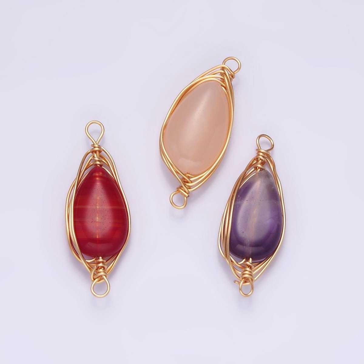 14K Gold Filled Carnelian, Amethyst, Rose Quartz Teardrop Pear Wire Wrapped Connector | G-049 - G-051