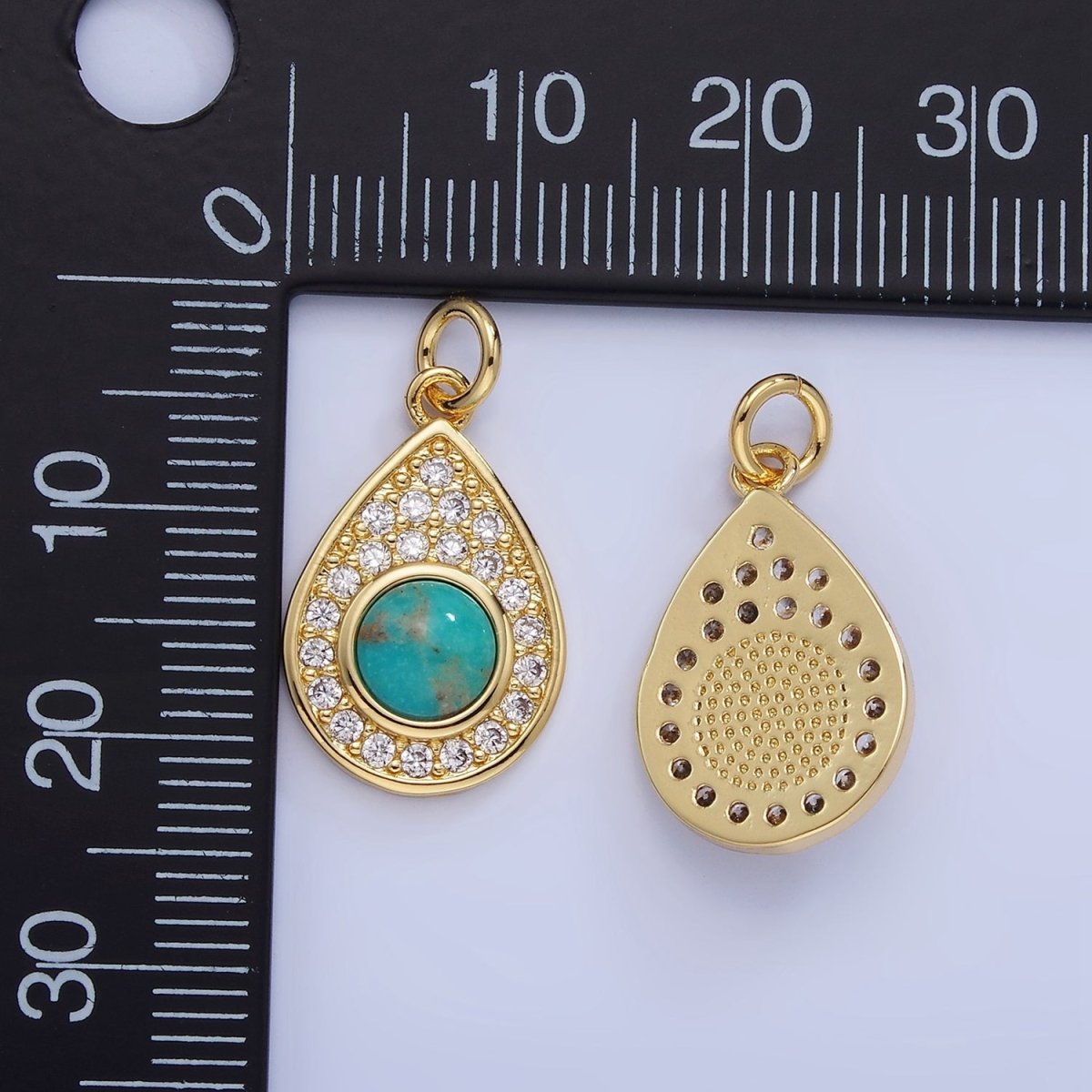 14K Gold Filled Carnelian, Turquoise Micro Paved CZ Teardrop Charm | W564