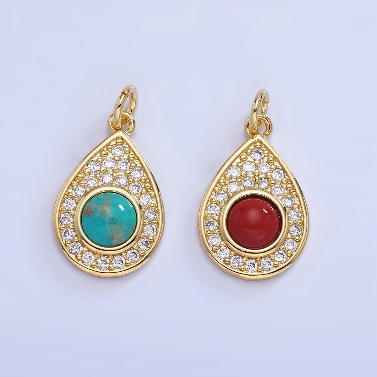 14K Gold Filled Carnelian, Turquoise Micro Paved CZ Teardrop Charm | W564