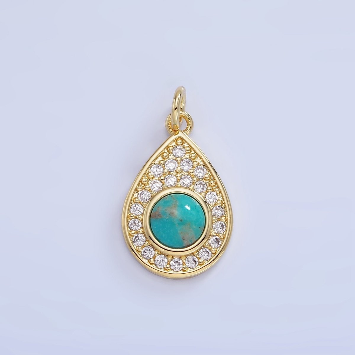 14K Gold Filled Carnelian, Turquoise Micro Paved CZ Teardrop Charm | W564
