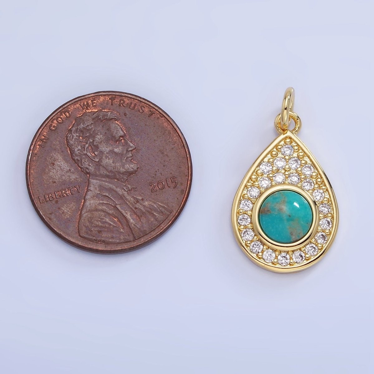 14K Gold Filled Carnelian, Turquoise Micro Paved CZ Teardrop Charm | W564