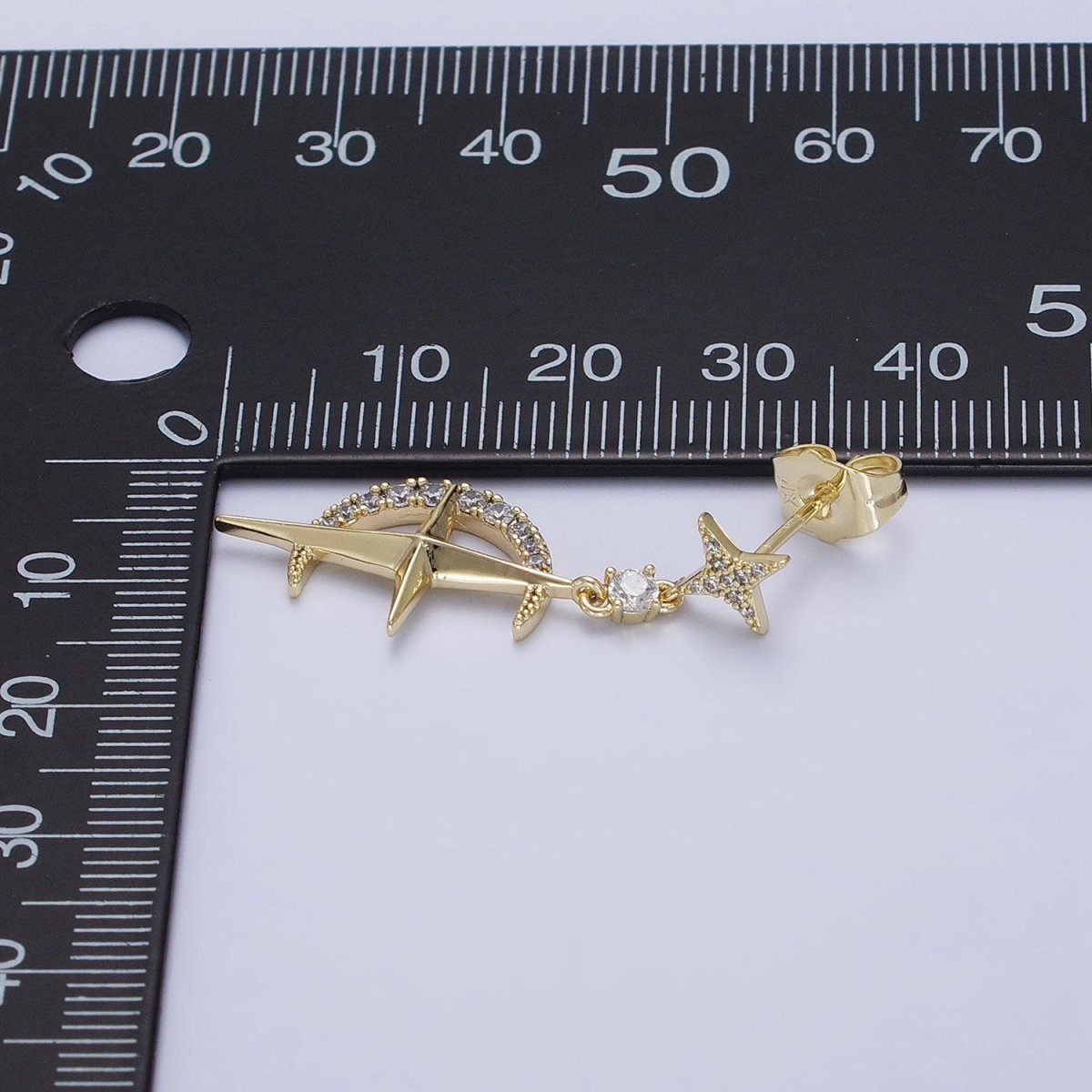 14K Gold Filled Celestial Crescent Moon Stars Micro Paved CZ Drop Stud Earrings Set | AD1469 - DLUXCA