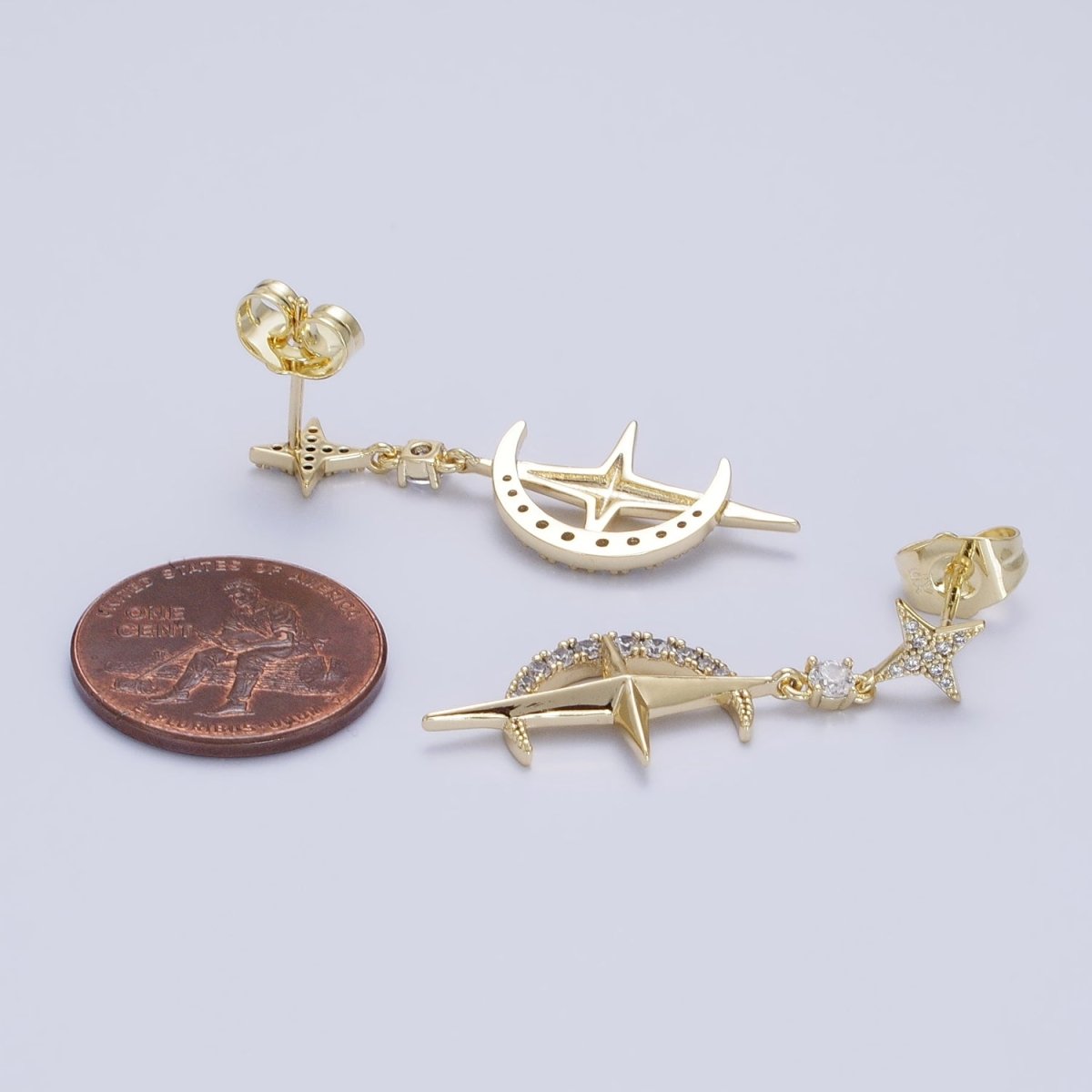 14K Gold Filled Celestial Crescent Moon Stars Micro Paved CZ Drop Stud Earrings Set | AD1469 - DLUXCA