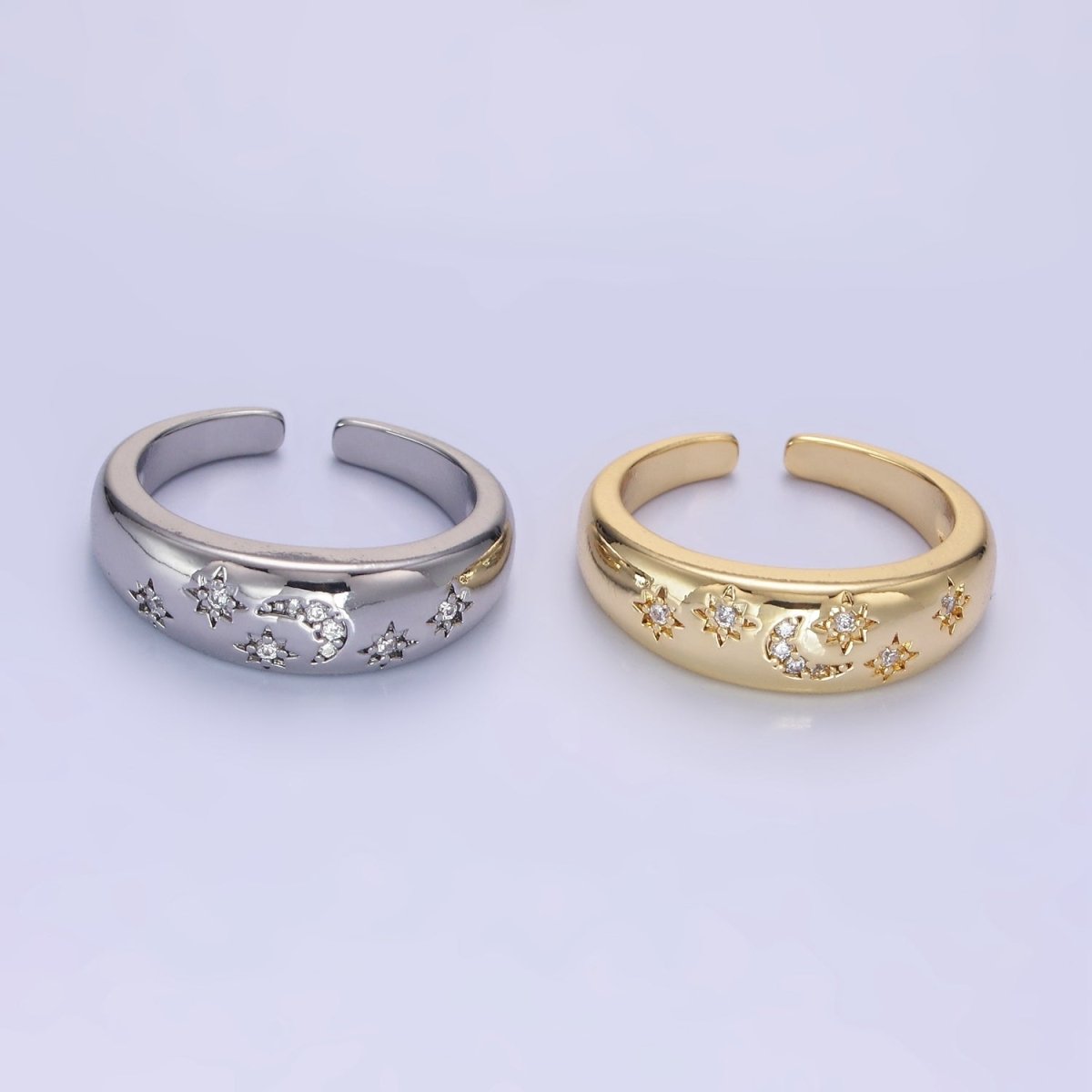 14K Gold Filled Celestial Crescent Moon Stars Micro Paved Ring in Gold & Silver | O1335 O1336