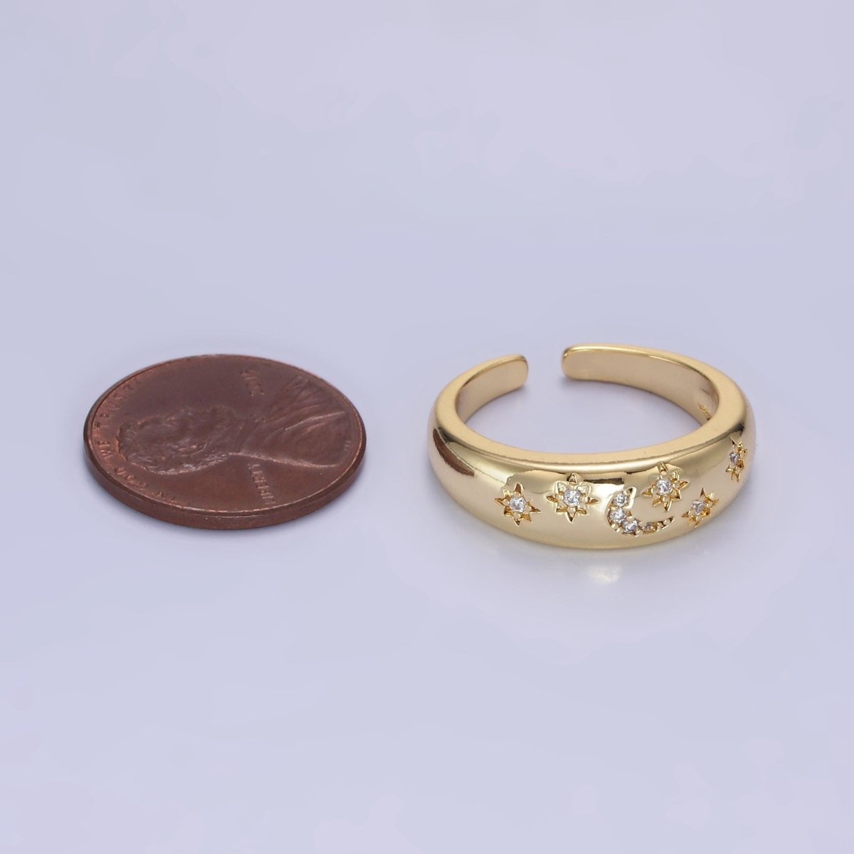 14K Gold Filled Celestial Crescent Moon Stars Micro Paved Ring in Gold & Silver | O1335 O1336
