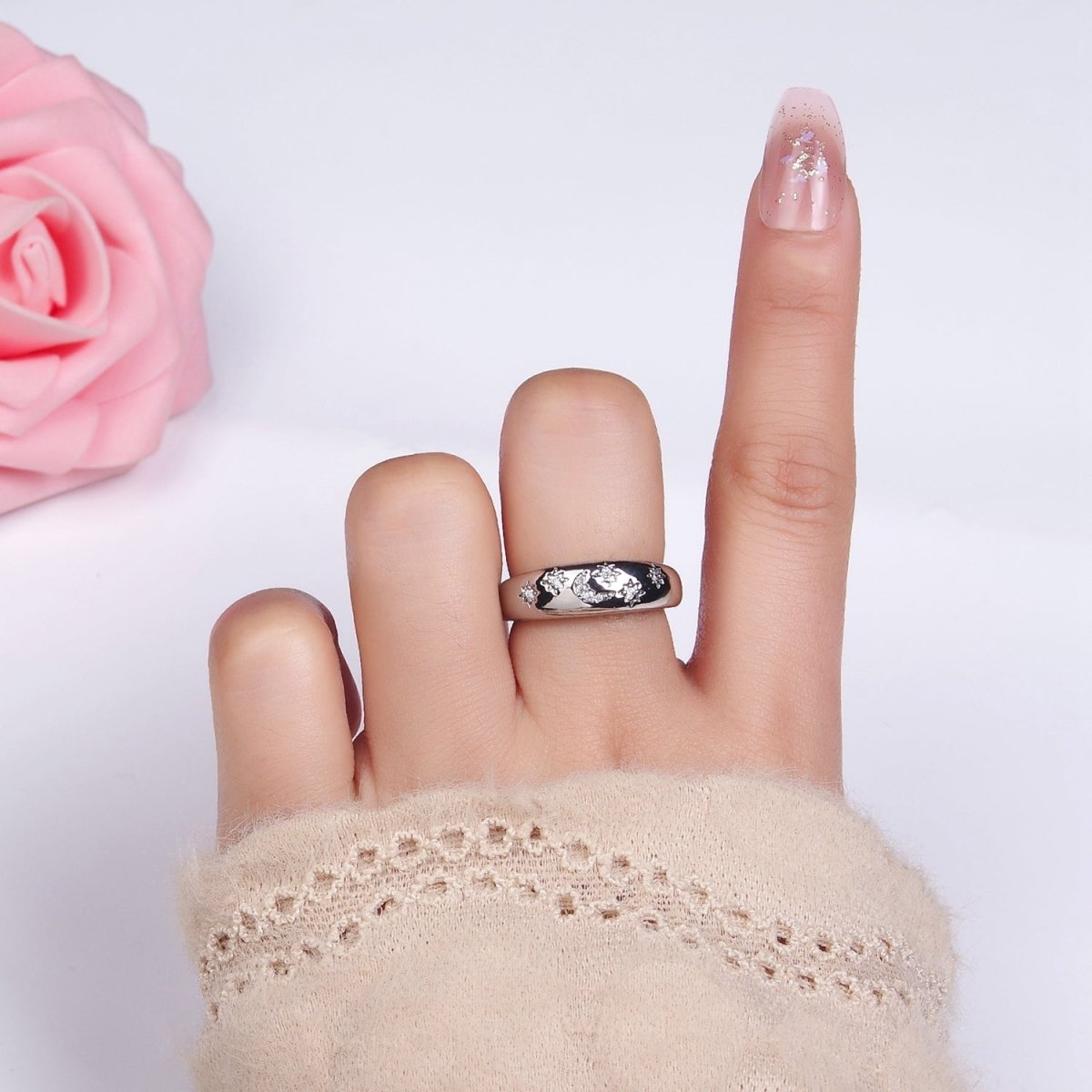 14K Gold Filled Celestial Crescent Moon Stars Micro Paved Ring in Gold & Silver | O1335 O1336