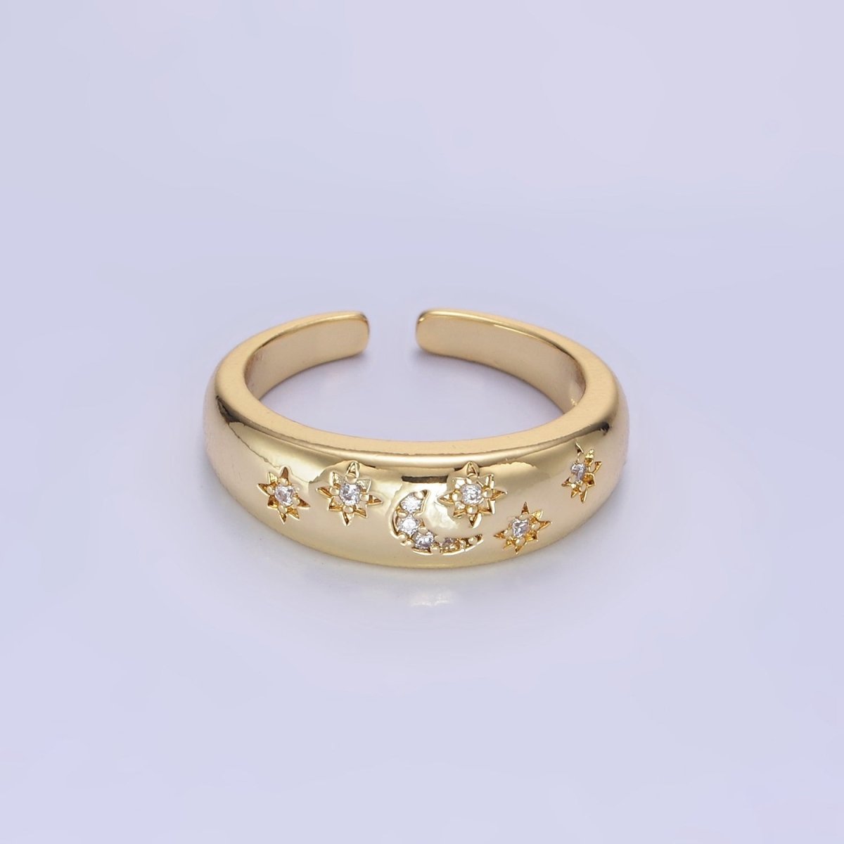 14K Gold Filled Celestial Crescent Moon Stars Micro Paved Ring in Gold & Silver | O1335 O1336