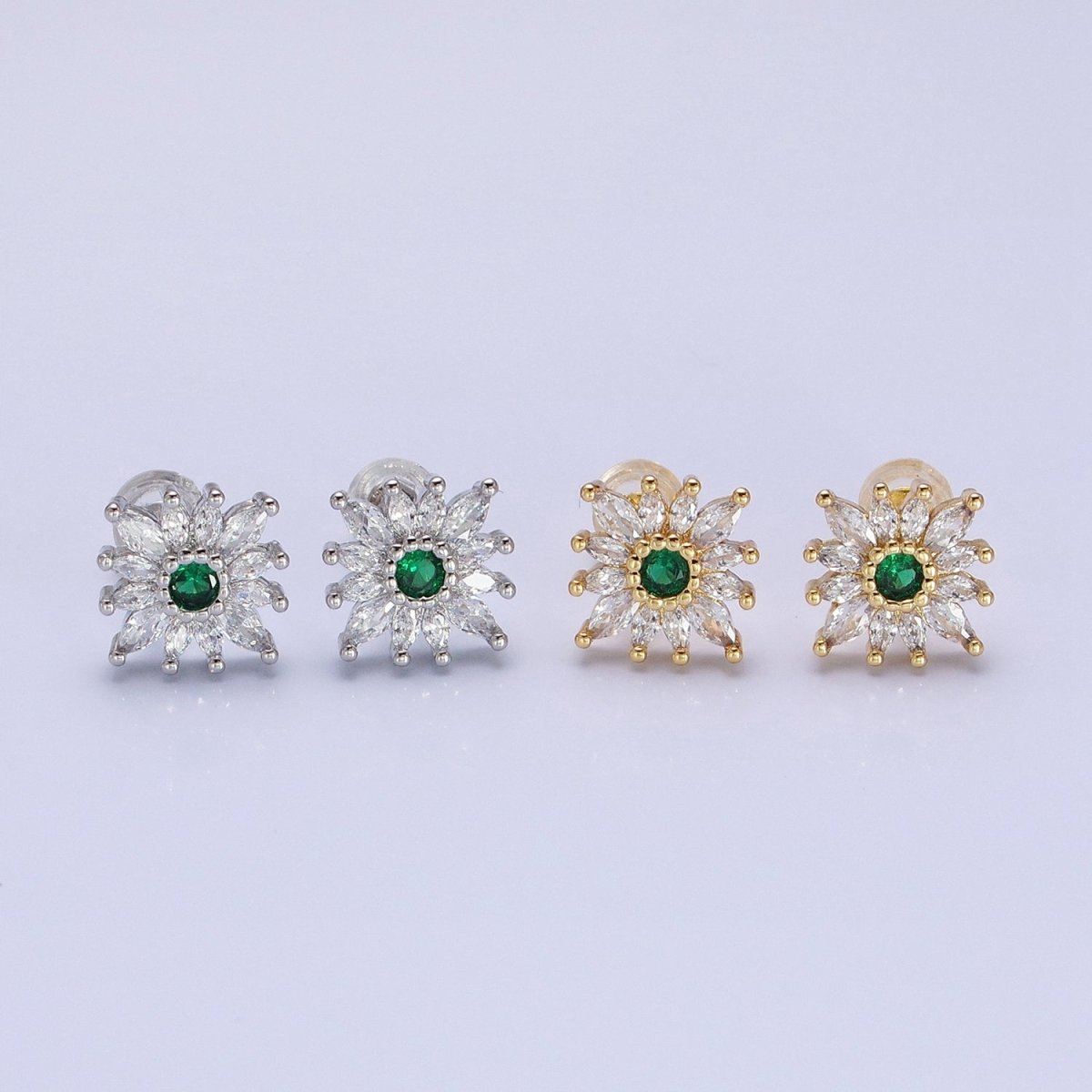 14K Gold Filled Celestial Emerald Green Flower Marquise Petal Stud Earrings in Gold & Silver | AD-587 AB1505