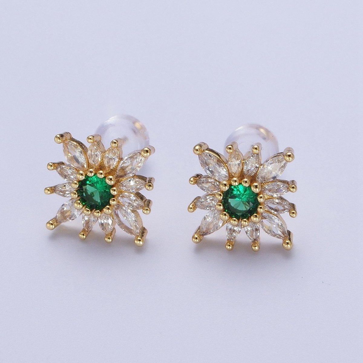 14K Gold Filled Celestial Emerald Green Flower Marquise Petal Stud Earrings in Gold & Silver | AD-587 AB1505