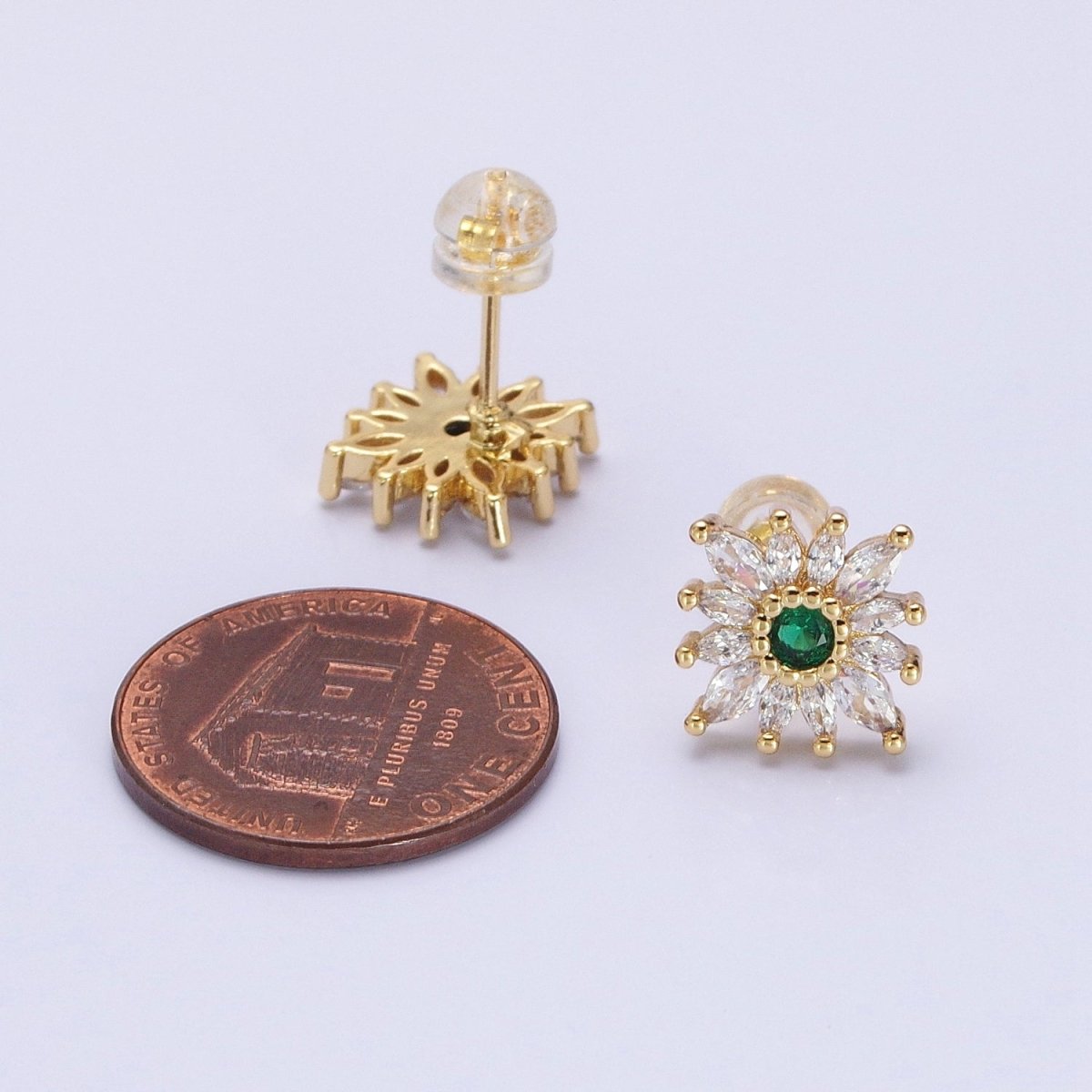 14K Gold Filled Celestial Emerald Green Flower Marquise Petal Stud Earrings in Gold & Silver | AD-587 AB1505