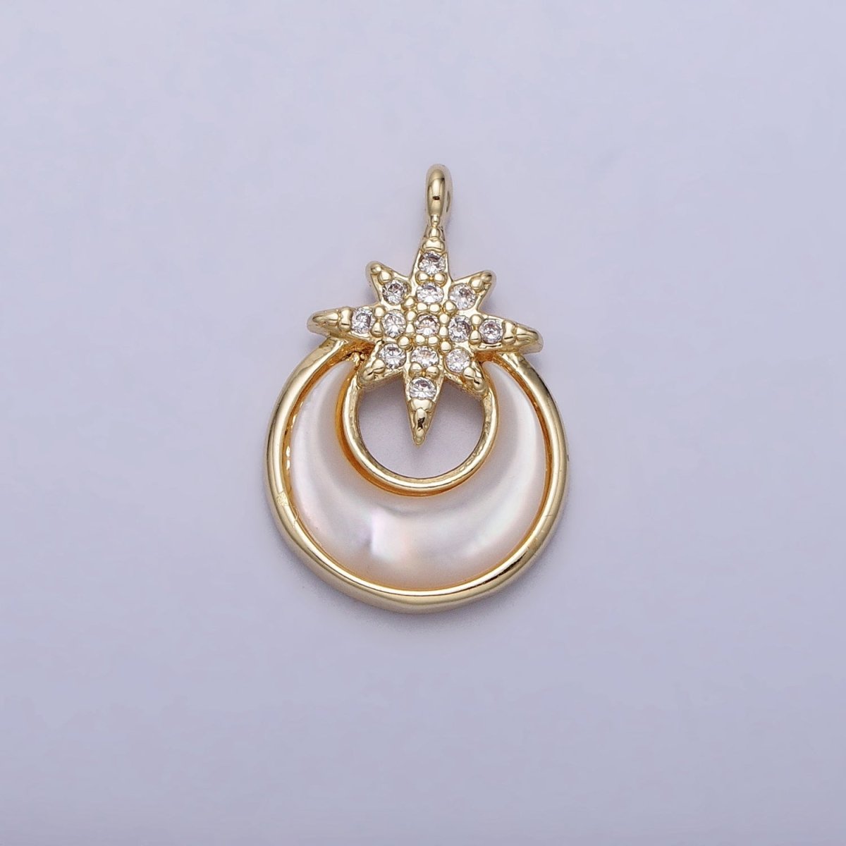 14K Gold Filled Celestial North Star Crescent Moon Shell Pearl Charm | AC1049 - DLUXCA
